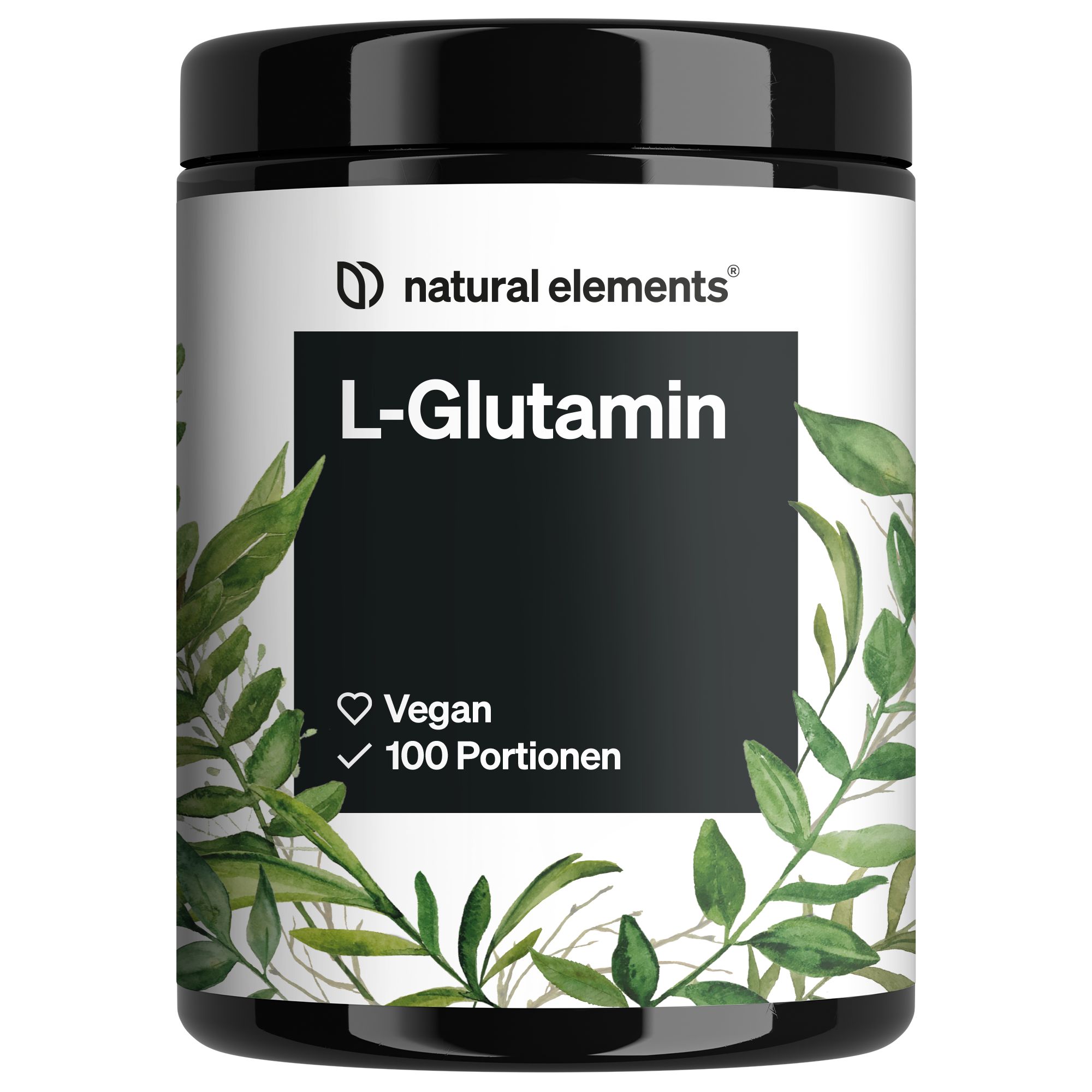 Dose Natural Elements L-Glutamin. Schwarzer Deckel, weißes Etikett mit Produktnamen und Logo. Vegan-Zertifizierung, 100 Portionen.
