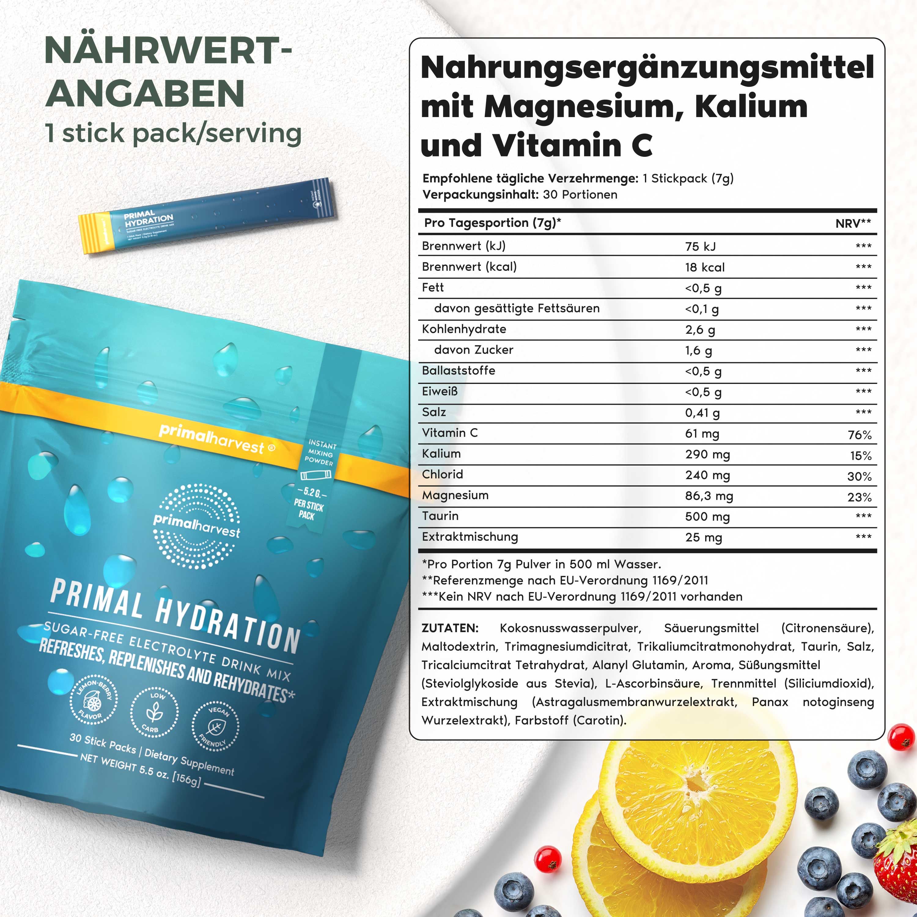 Verpackung Primal Hydration Elektrolyte-Drink-Mix mit Nährwertangaben. Einzelner Stick daneben. Zutatenliste und Nährwerttabelle.