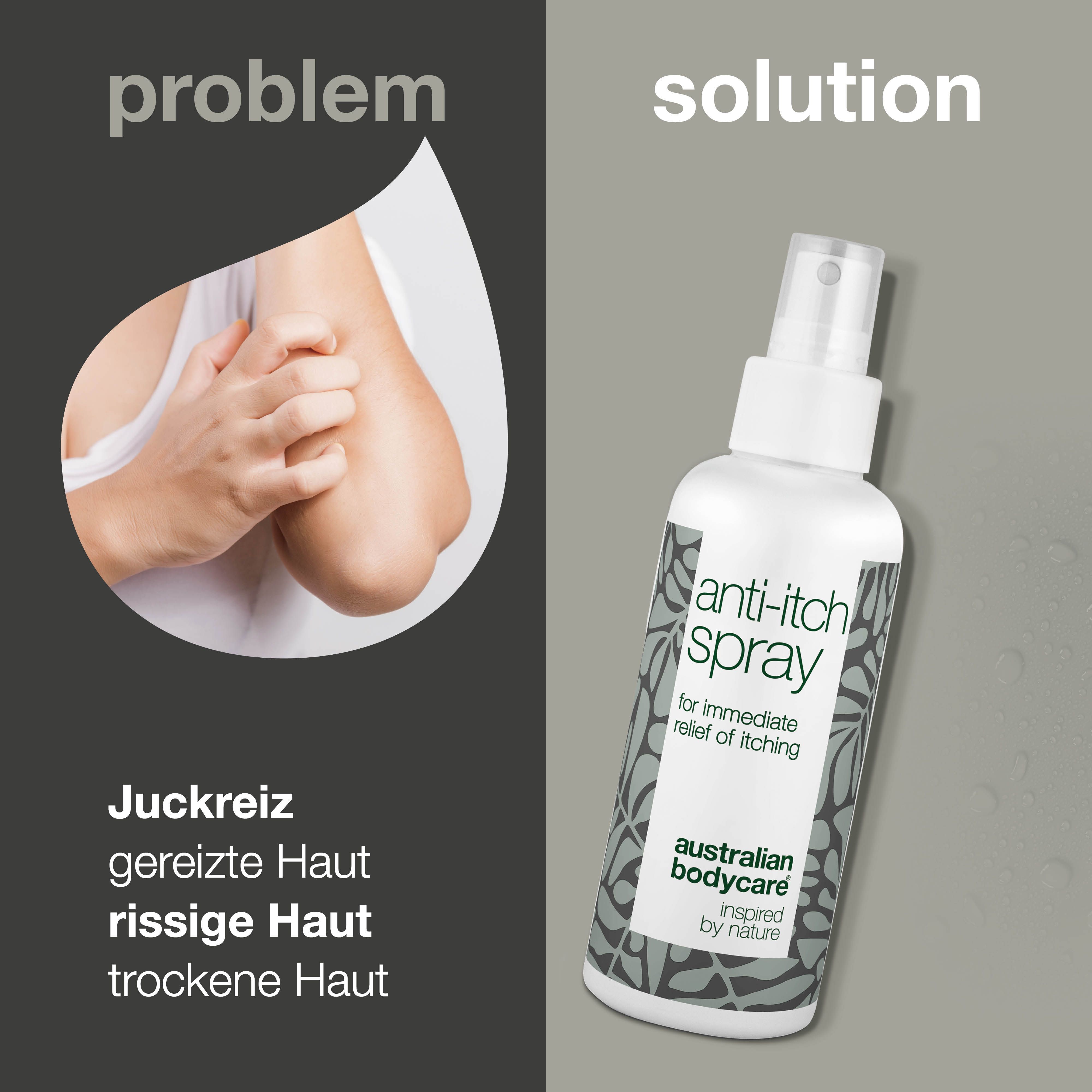 Spray gegen Juckreiz neben einer Abbildung eines Armes. Text: 'Juckreiz, gereizte Haut'.