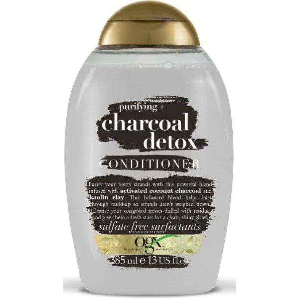 Eine Flasche CHARCOAL DETOX Conditioner. Weißes, ovales Gefäß mit schwarzem Etikett. Goldfarbener Deckel. Text: purifying +, charcoal detox, CONDITIONER.