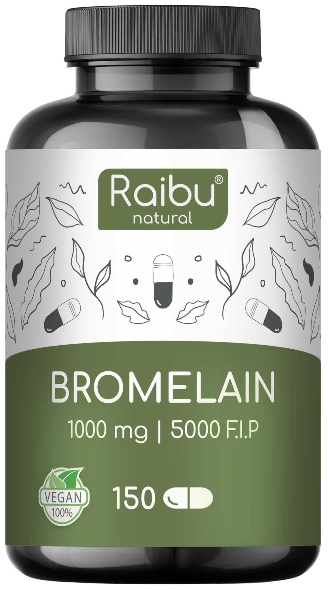 Schwarze Flasche mit grüner Beschriftung. Enthält Bromelain 1000 mg, 150 Kapseln. Vegan.