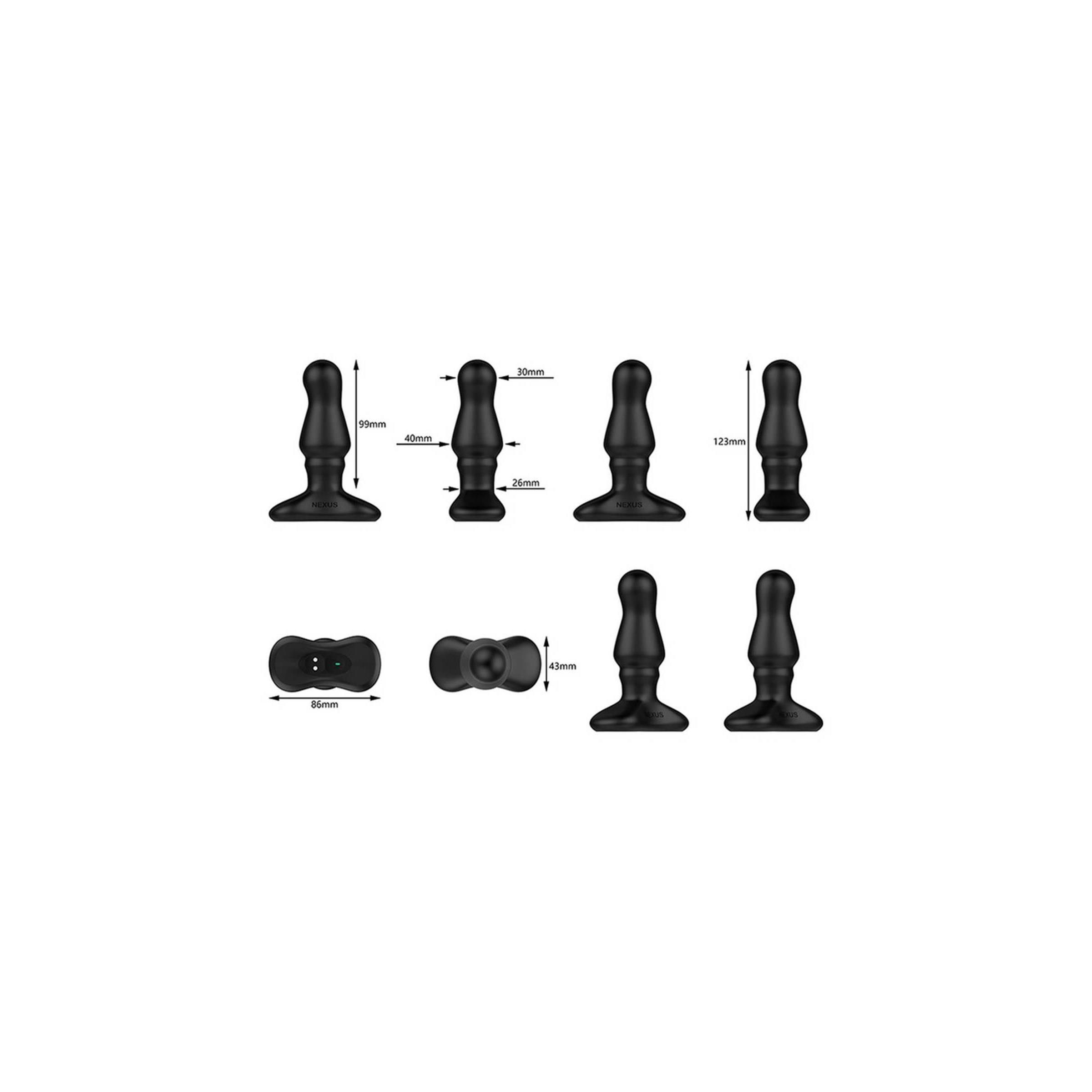 Mehrere schwarze Anal-Plug-Modelle mit Größenangaben und Fernbedienung. Verschiedene Ansichten und Größen.
