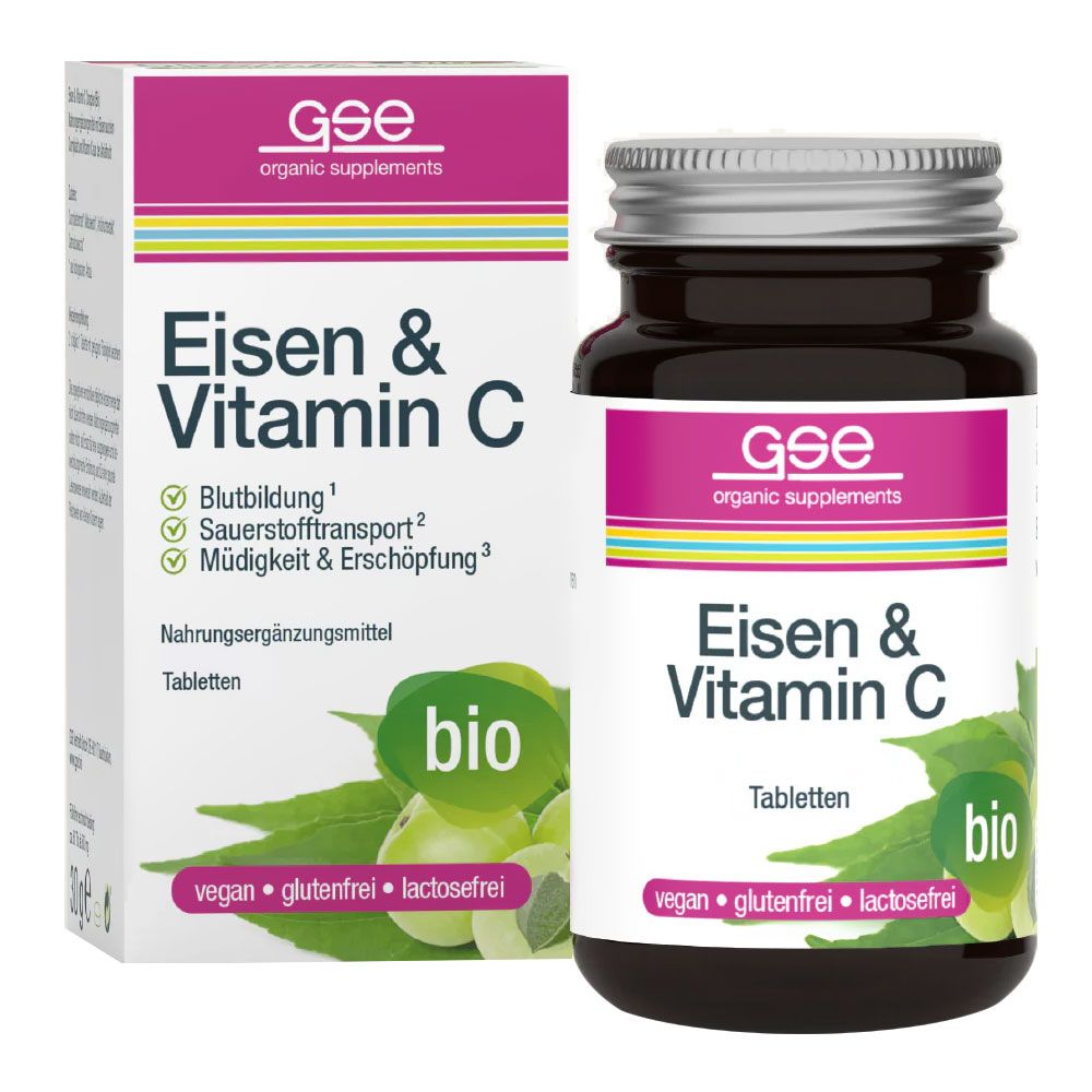 Braune Glasflasche und Schachtel mit Tabletten. Aufschrift: Eisen & Vitamin C, bio, vegan, glutenfrei, lactosefrei. Marke: GSE.