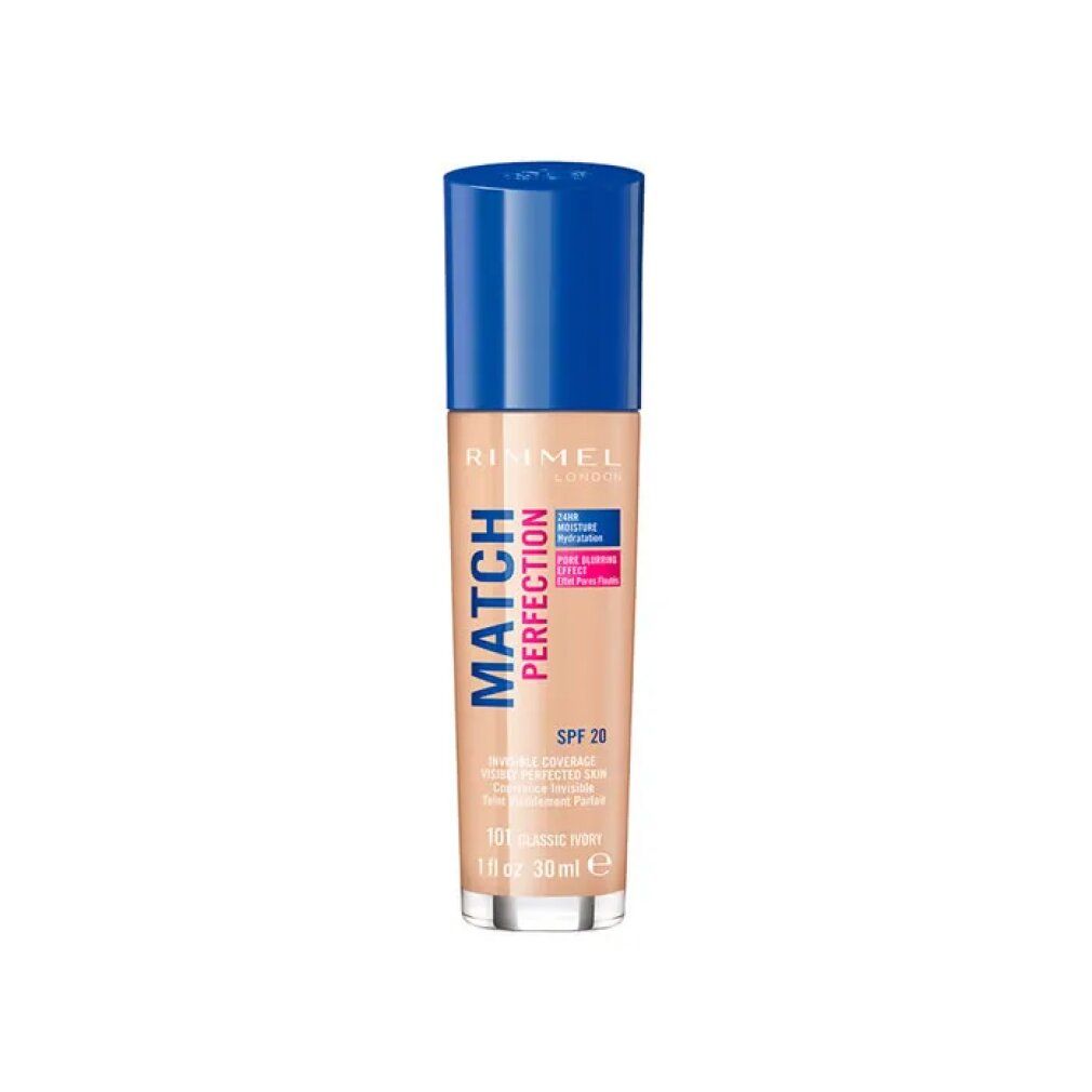 Rimmel London Match Perfection Foundation. Flasche mit blauem Deckel. Farbton 101 Classic Ivory. SPF 20.