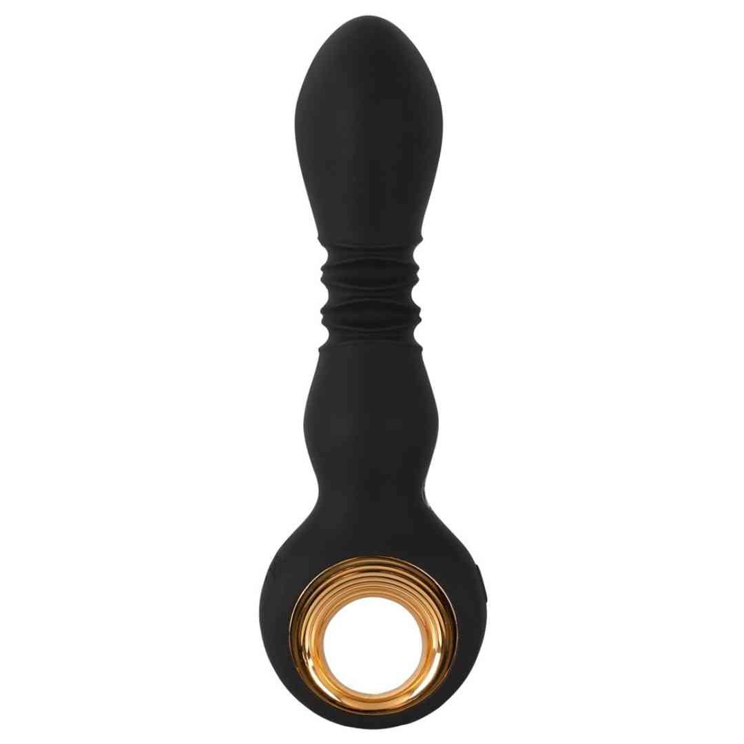 Schwarzer Vibrator mit goldfarbenem Ring. Glatte Oberfläche, geriffelte Mitte, ovale Form.