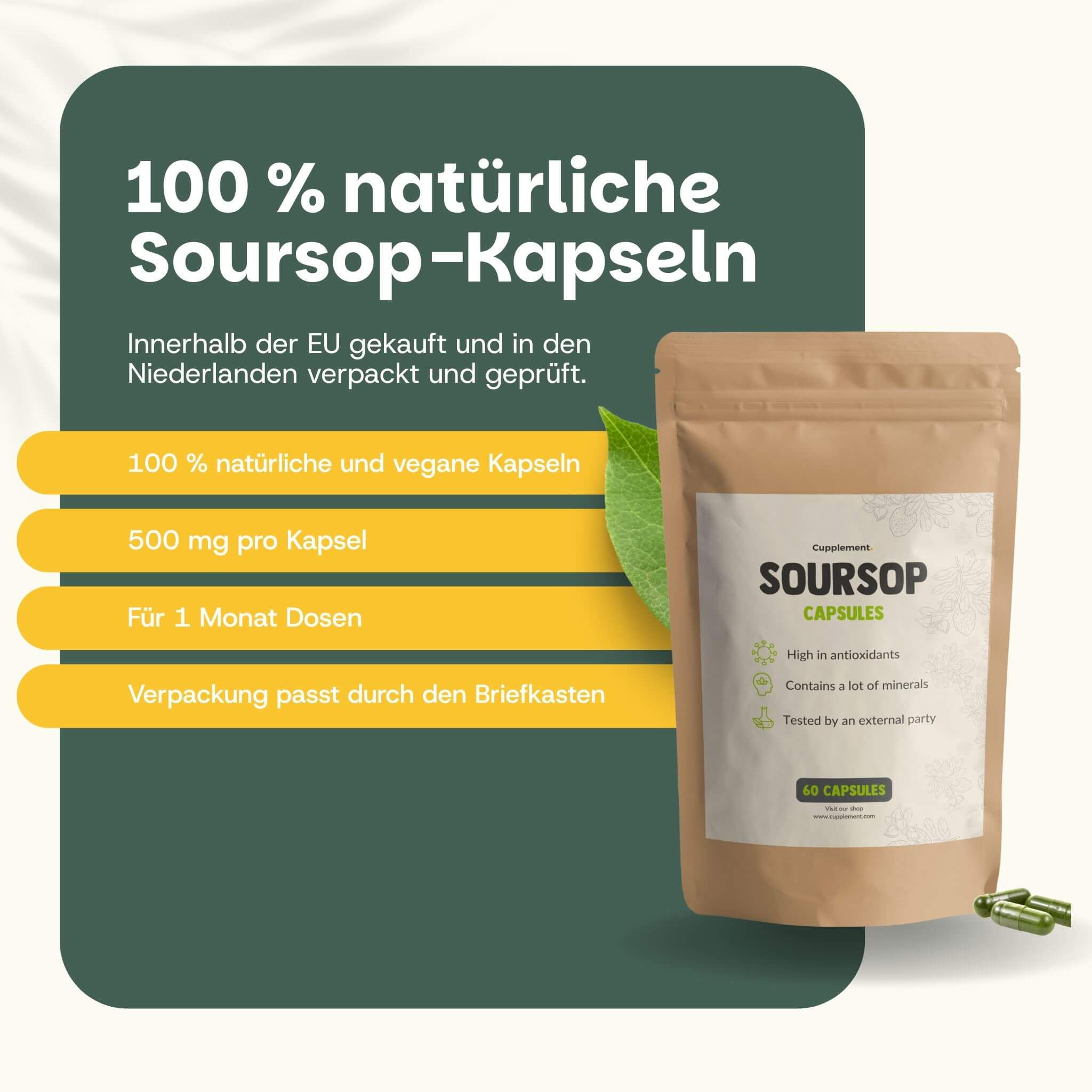 Braune Beutelverpackung mit weißem Etikett. Text: Soursop Capsules, 60 Kapseln. 500 mg pro Kapsel. Für 1 Monat Dosen.