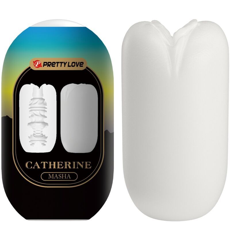 Verpackung und weißer Masturbator. Verpackung mit Produktname. Masturbator in länglicher Form.