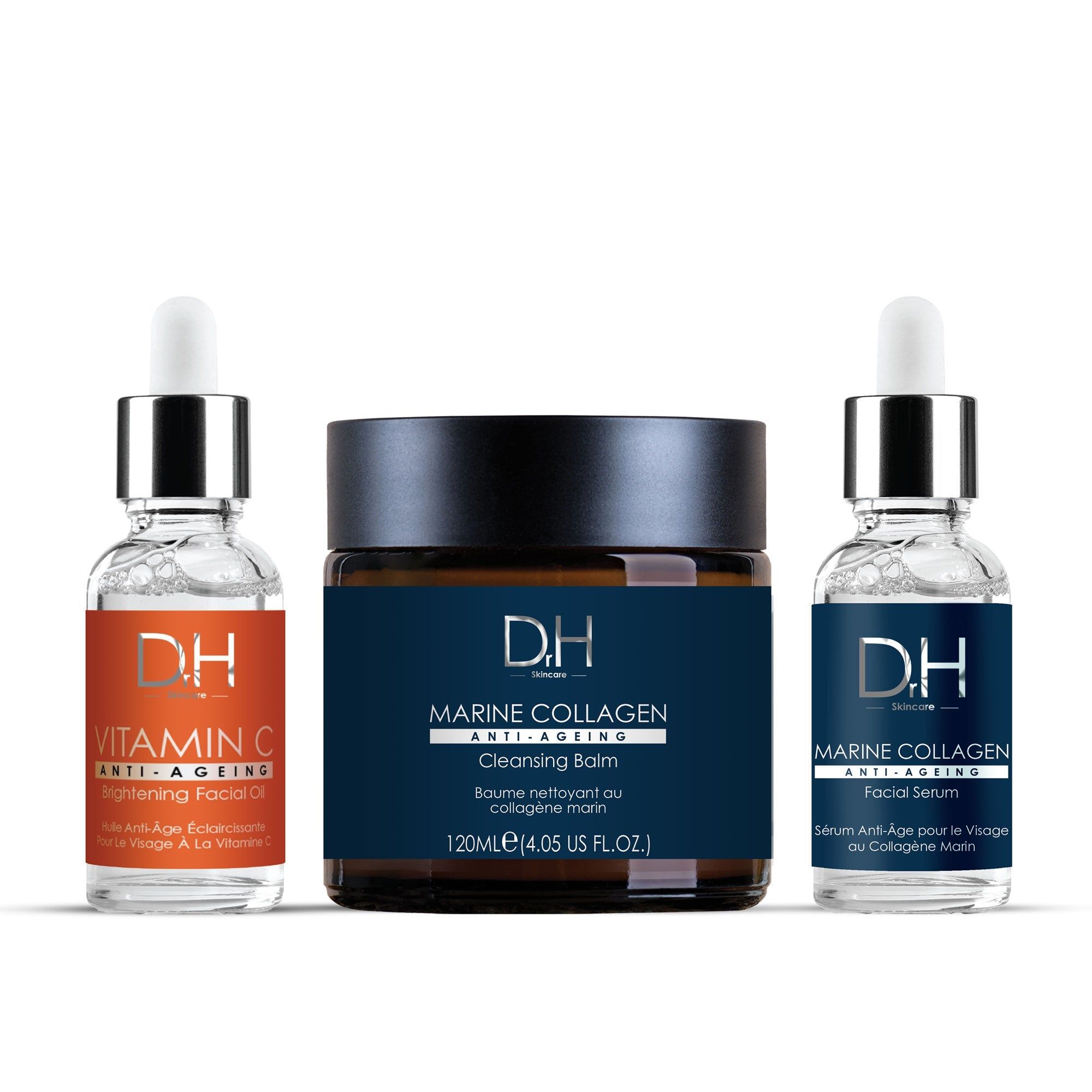 Drei Flaschen und ein Tiegel. Aufschrift: D.H. Anti-Aging. Produkte: Vitamin C, Marine Collagen Cleansing Balm und Marine Collagen Facial Serum.