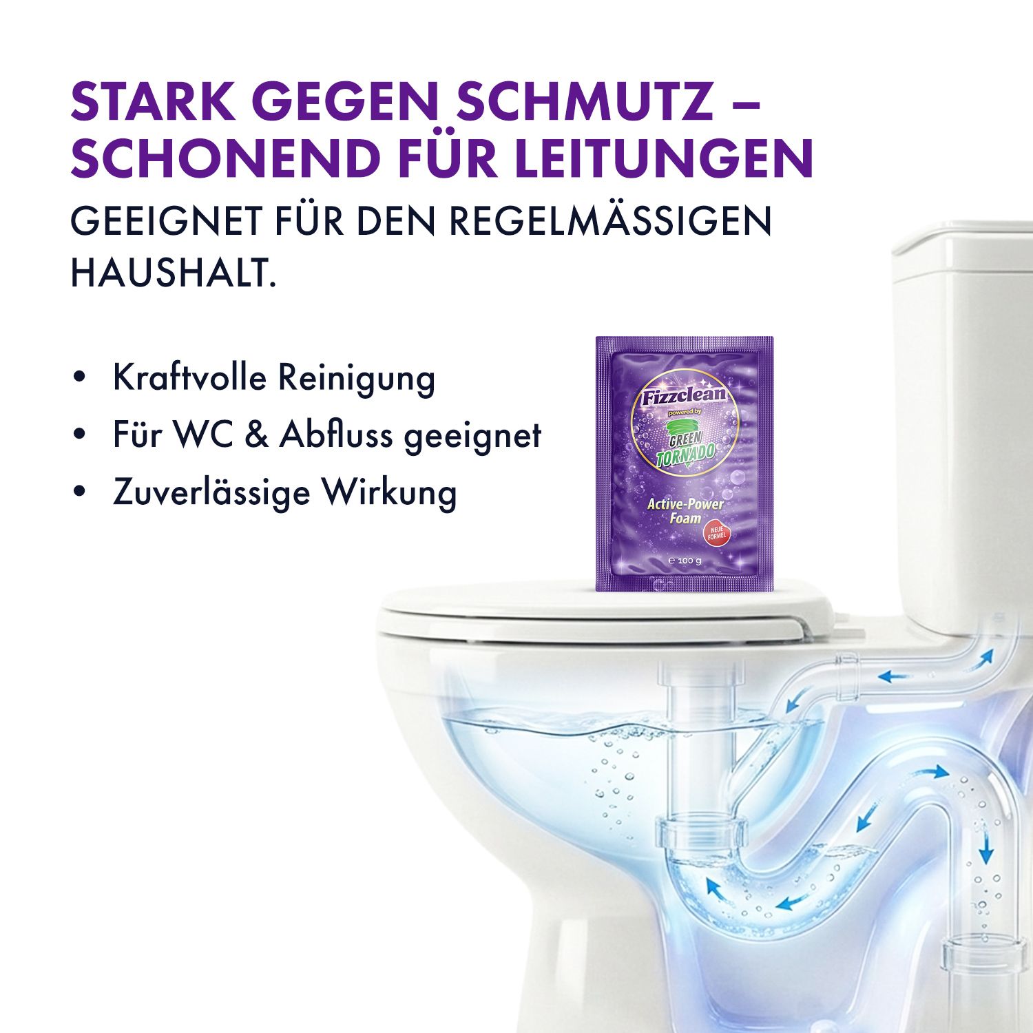 Fizzclean-Packung auf einer Toilettenschüssel, die die Rohrreinigung zeigt.