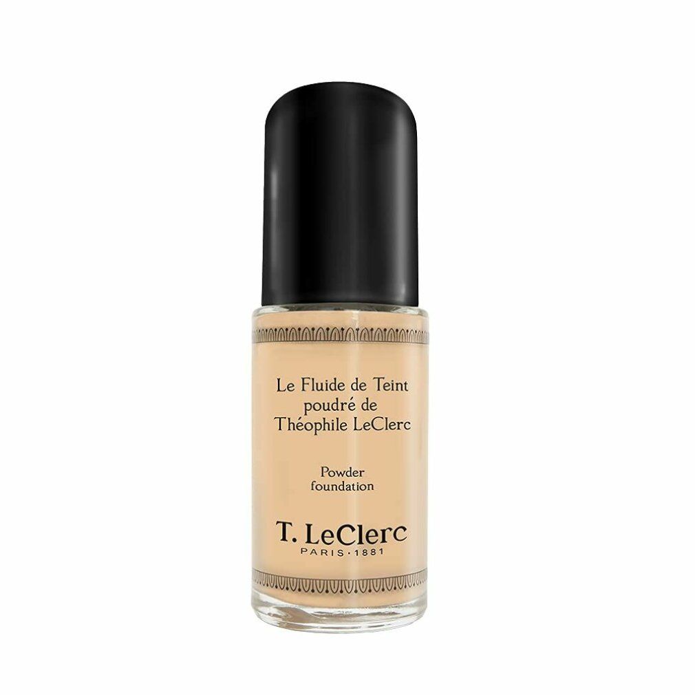 Beige Foundation-Fläschchen mit schwarzem Deckel. Aufschrift: T. LeClerc Paris. Produktname: Le Fluide de Teint Poudré Powder Foundation.