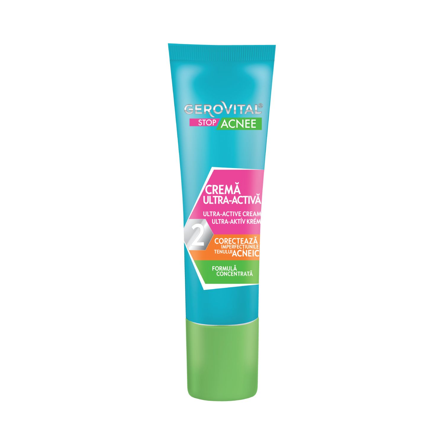 Türkis-grüne Tube mit Produktnamen und Text. Grün-weißer Verschluss. Aufschrift: Crema Ultra-Activă, Stop Acnee.