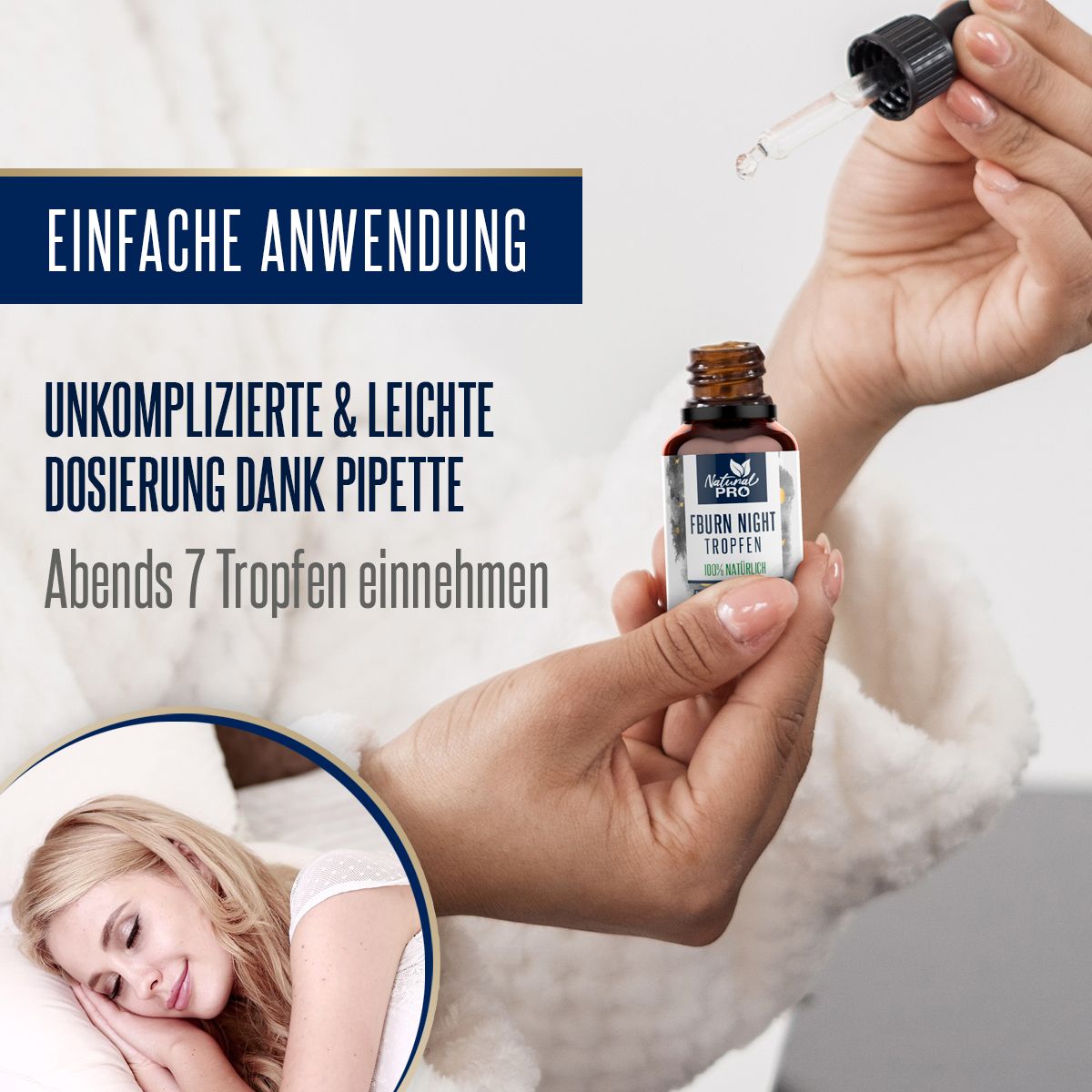Person hält Flasche mit Tropfer. Produktname und Logo auf dem Etikett. Text: Einfache Anwendung. Unkomplizierte Dosierung.