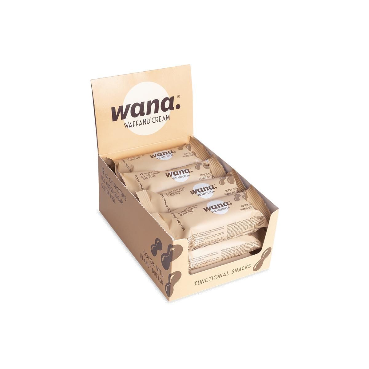 Karton mit Proteinriegeln. Aufdruck "wana". "Waffel & Cream" und "Functional Snacks". Riegel in Einzelverpackung.