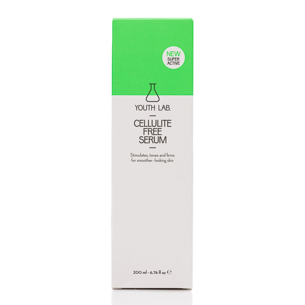 Weiß-grüne Verpackung. Aufschrift: YOUTH LAB CELLULITE FREE SERUM. Volumen: 200 ml. Mit Aufkleber: NEW SUPER ACTIVE.
