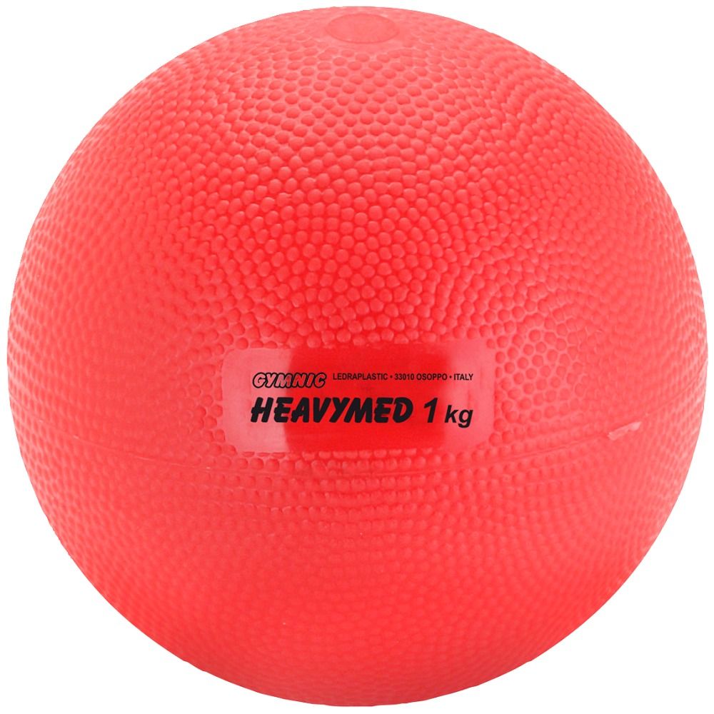Roter Gymnic Heavymed Gewichtsball. Aufkleber mit "HEAVYMED 1 kg". Noppenstruktur. Herstellerlogo.