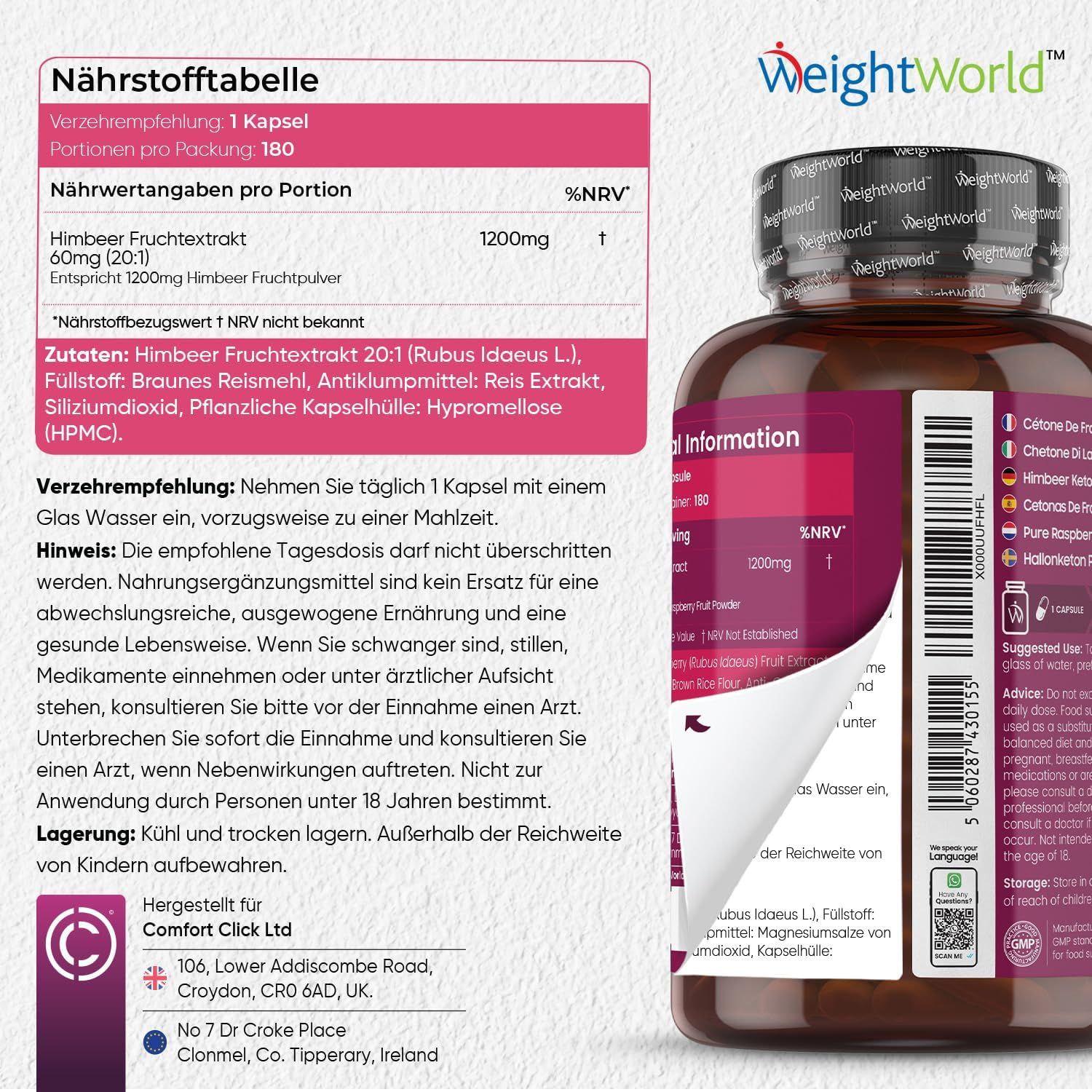 Nährwerttabelle und Produktflasche. Tabelle: Himbeer Fruchtextrakt, 1200mg. Zutaten, Verzehrempfehlung, Lagerung. Flasche mit Etikett.