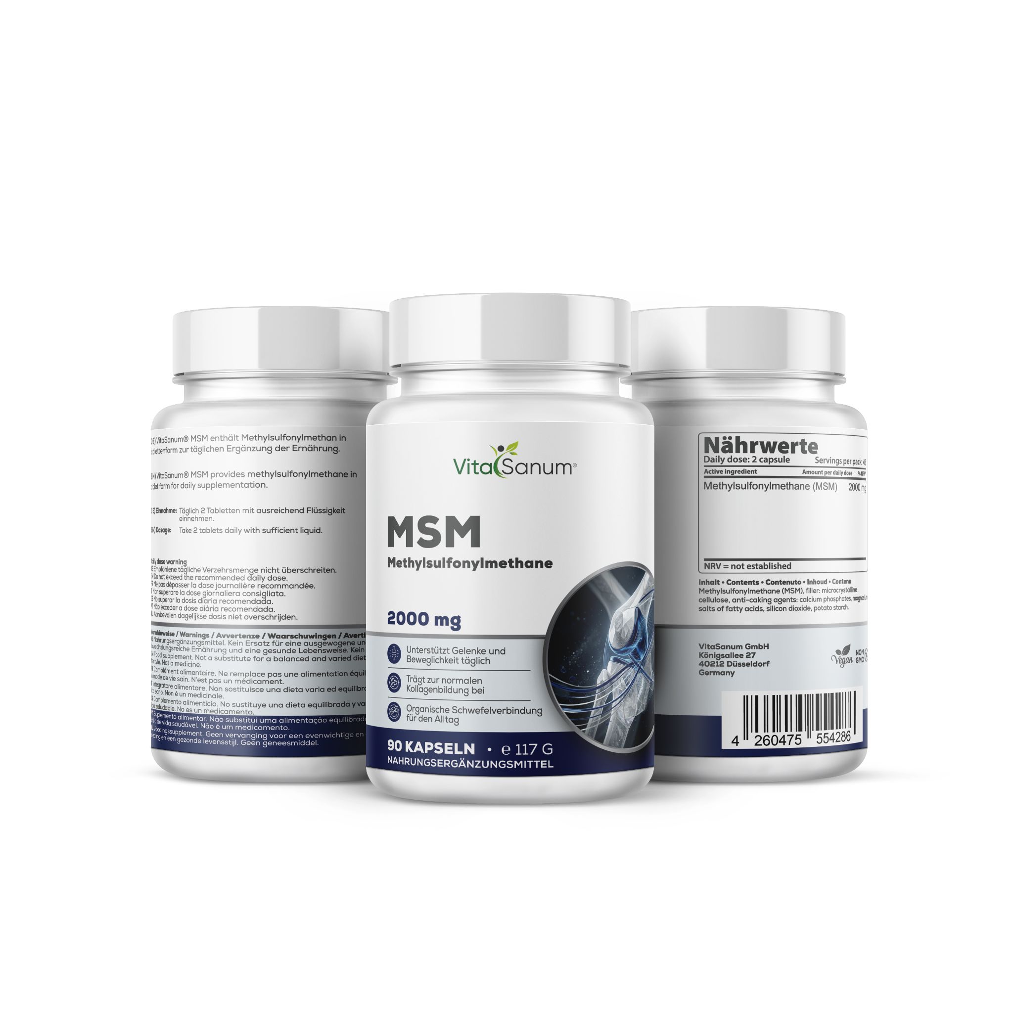 VitaSanum® MSM 2000 mg Kapseln: Drei Behälter, einer vorne mit blauem Etikett, zeigt Gelenkabbildung und Produktinformationen.