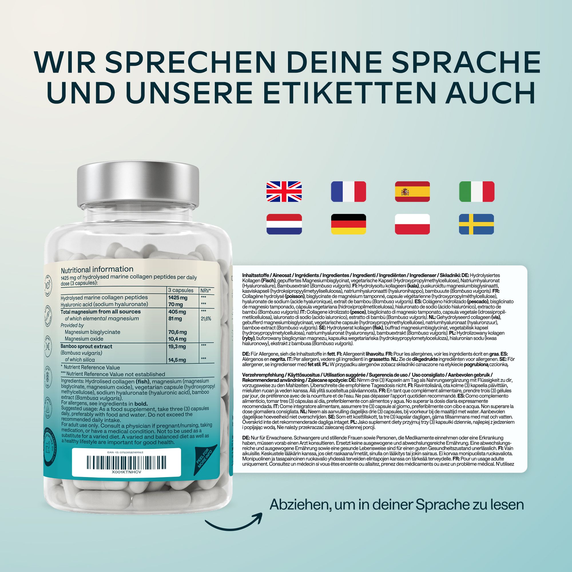 Rückseite der Kapsel-Glasflasche. Nährwertangaben. Etiketten in verschiedenen Sprachen.