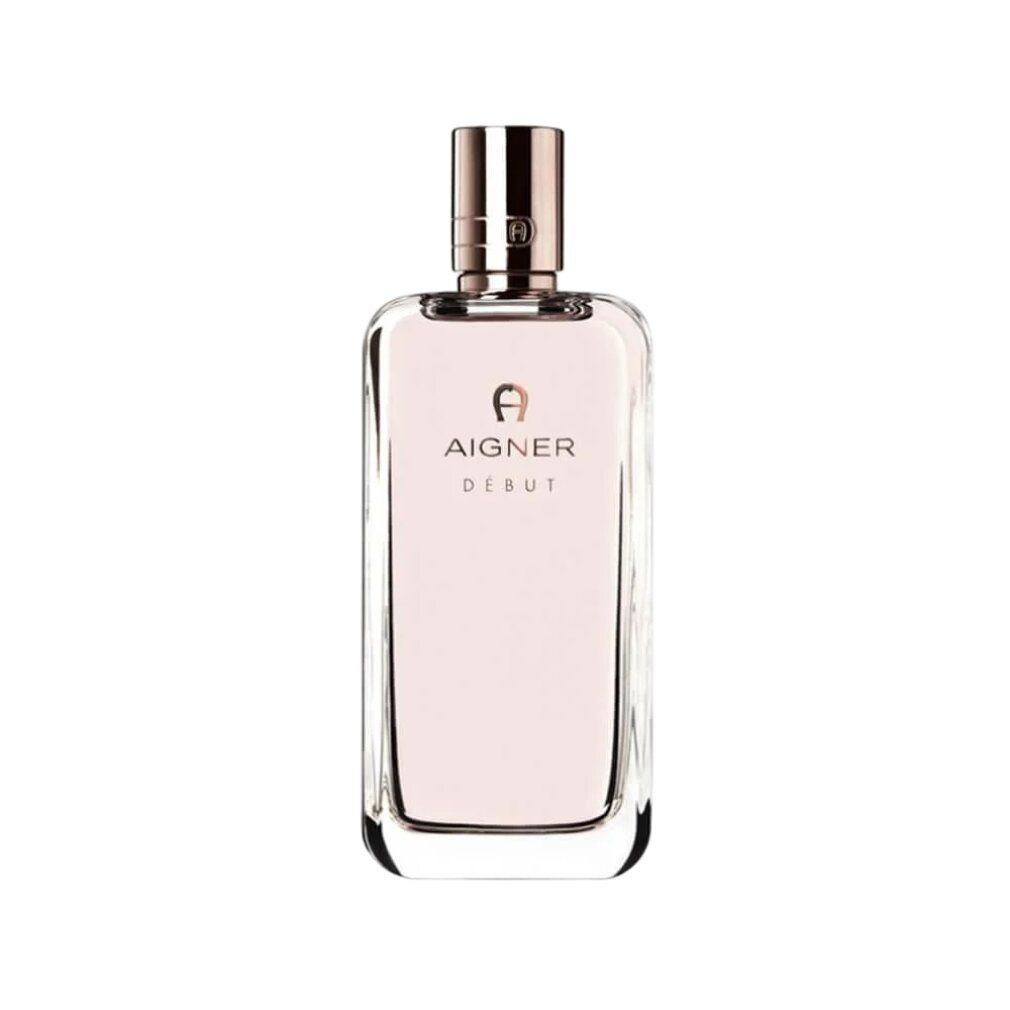 Rosa Flakon mit goldfarbenem Verschluss. Aufschrift AIGNER DÉBUT. EdP.