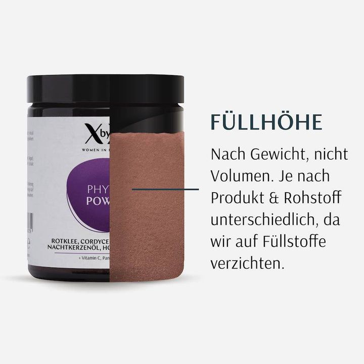 XbyX® Phyto Power Dose, Schnitt durch die Dose. Text: Füllhöhe. Nach Gewicht, nicht Volumen. Ohne Füllstoffe.