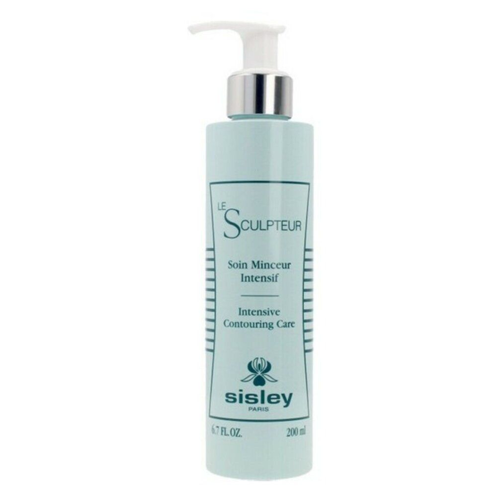 Hellgrüne Flasche mit Pumpe. Aufschrift: Le Sculpteur, Soin Minceur Intensif, Intensive Contouring Care. Marke: Sisley.
