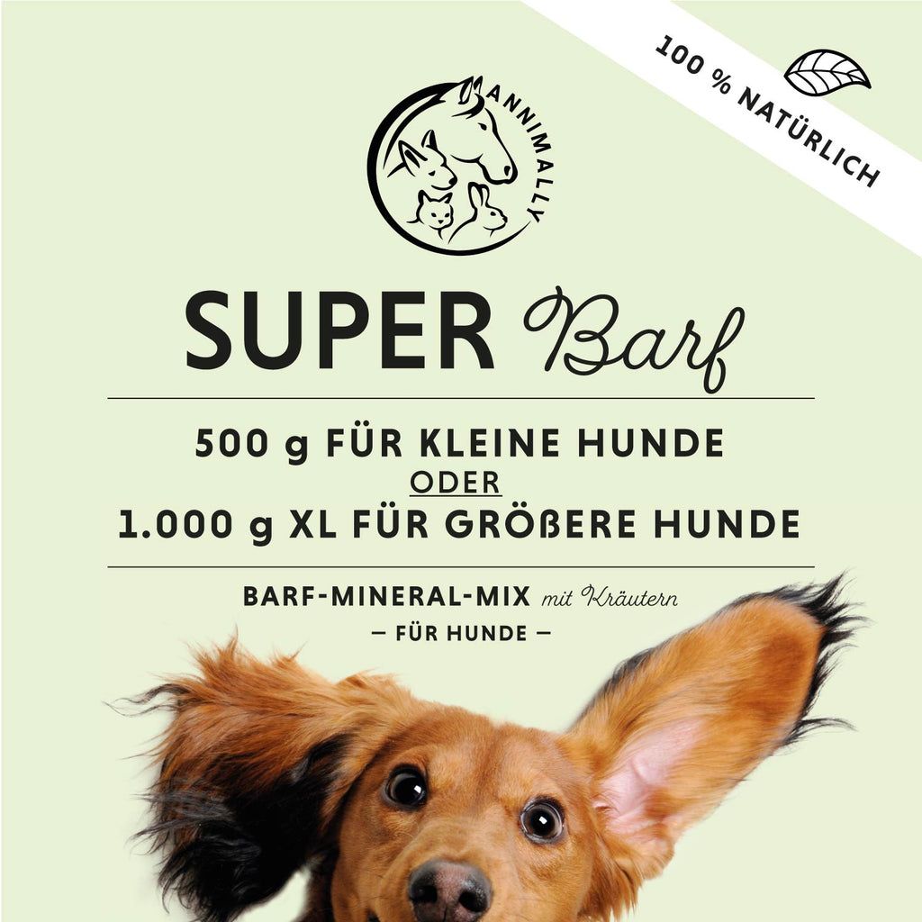 Produktverpackung mit Logo und Schriftzug SUPER Barf. Text: 500 g für kleine Hunde oder 1.000 g XL für größere Hunde.