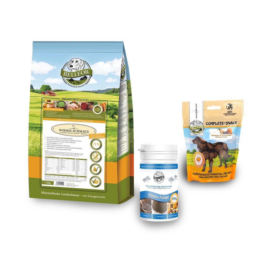 Bellfor Sparset für Windhunde: Wiesen-Schmaus + Gelenke und Knochen Complete-Snack + Fitness Pulver