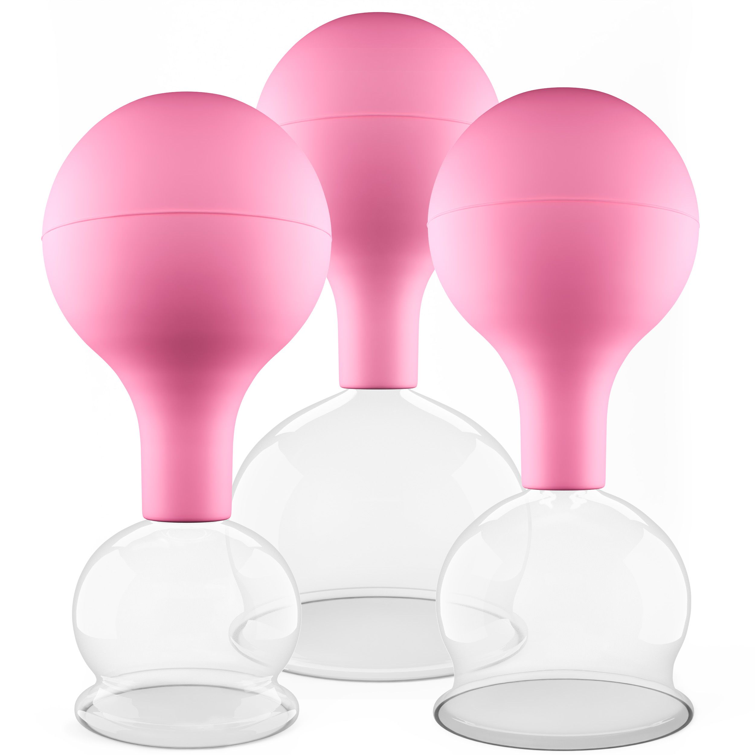 Pulox Schröpfgläser aus Echtglas mit Saugball - Set Trio groß in Pink: 40mm, 52mm, 62mm