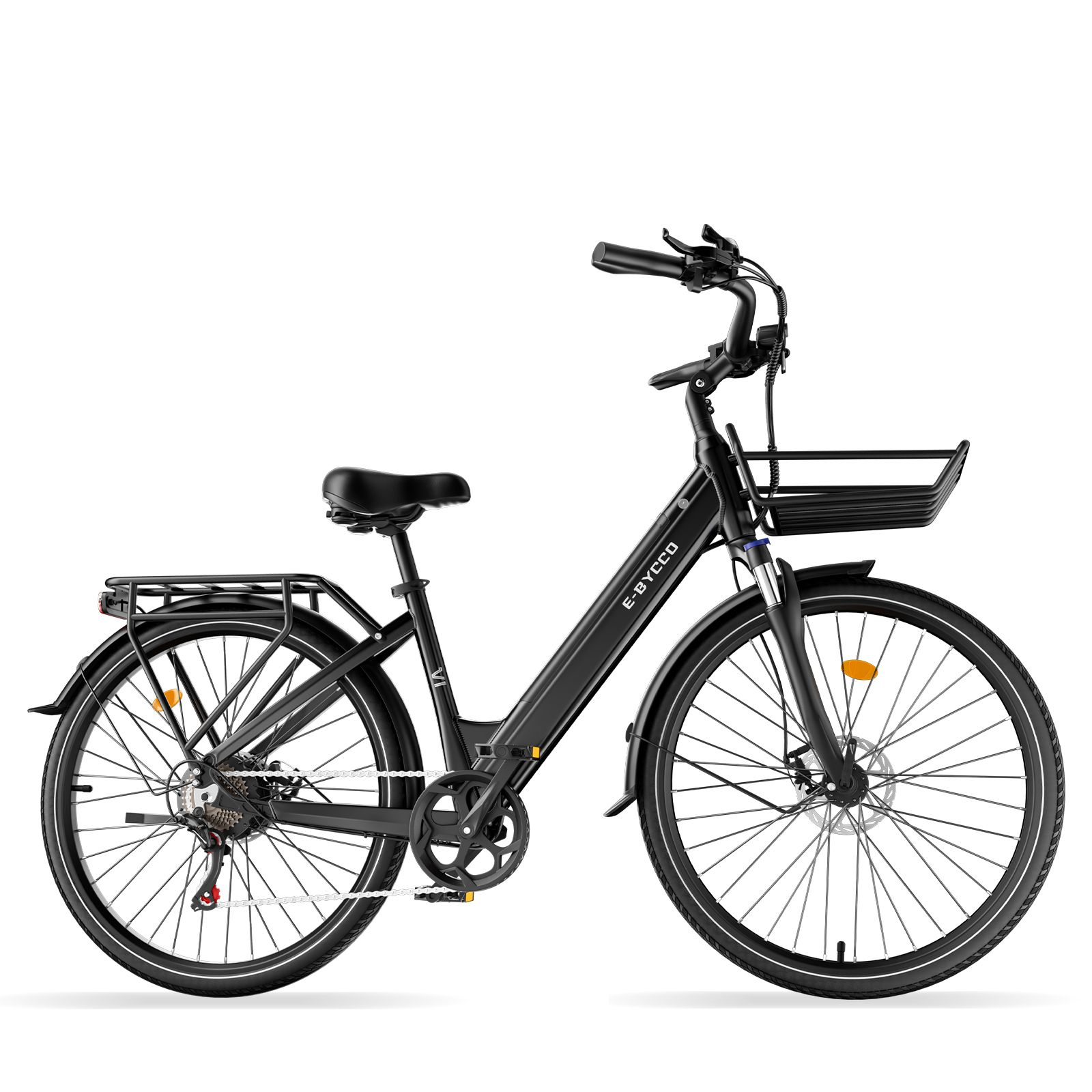 Schwarzes E-Bike mit Korb und Gepäckträger. Marke E-BYCCO.