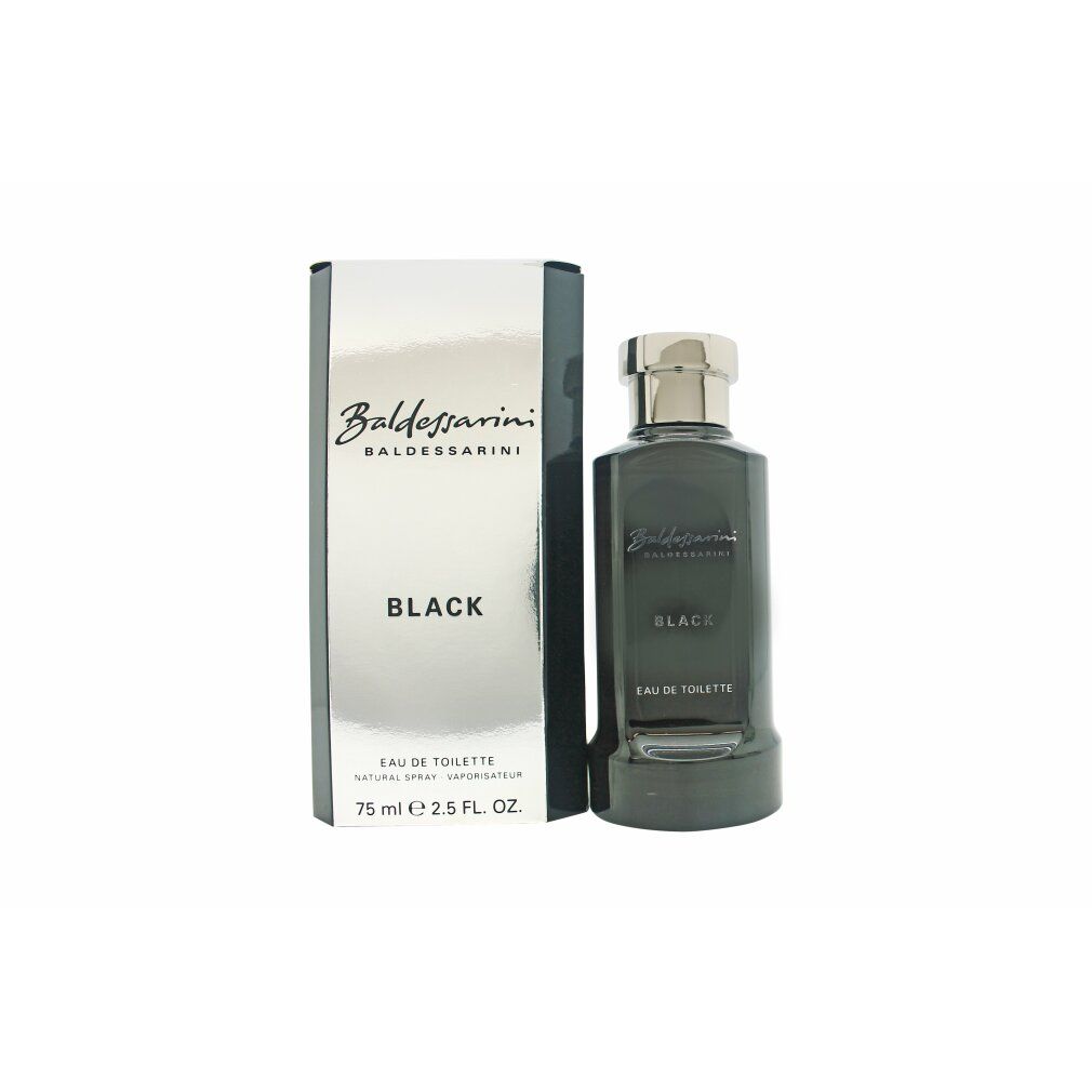 Schwarze Flasche und Verpackung. Aufschrift: Baldessarini Black Eau de Toilette. Silberner Deckel.