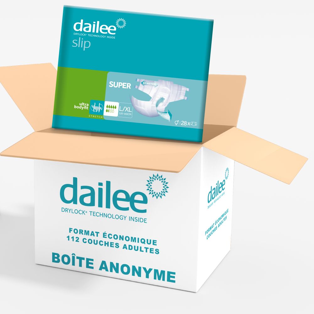 Boîte de couches Dailee Slip Super. 112 pièces. Format économique. Boîte blanche.