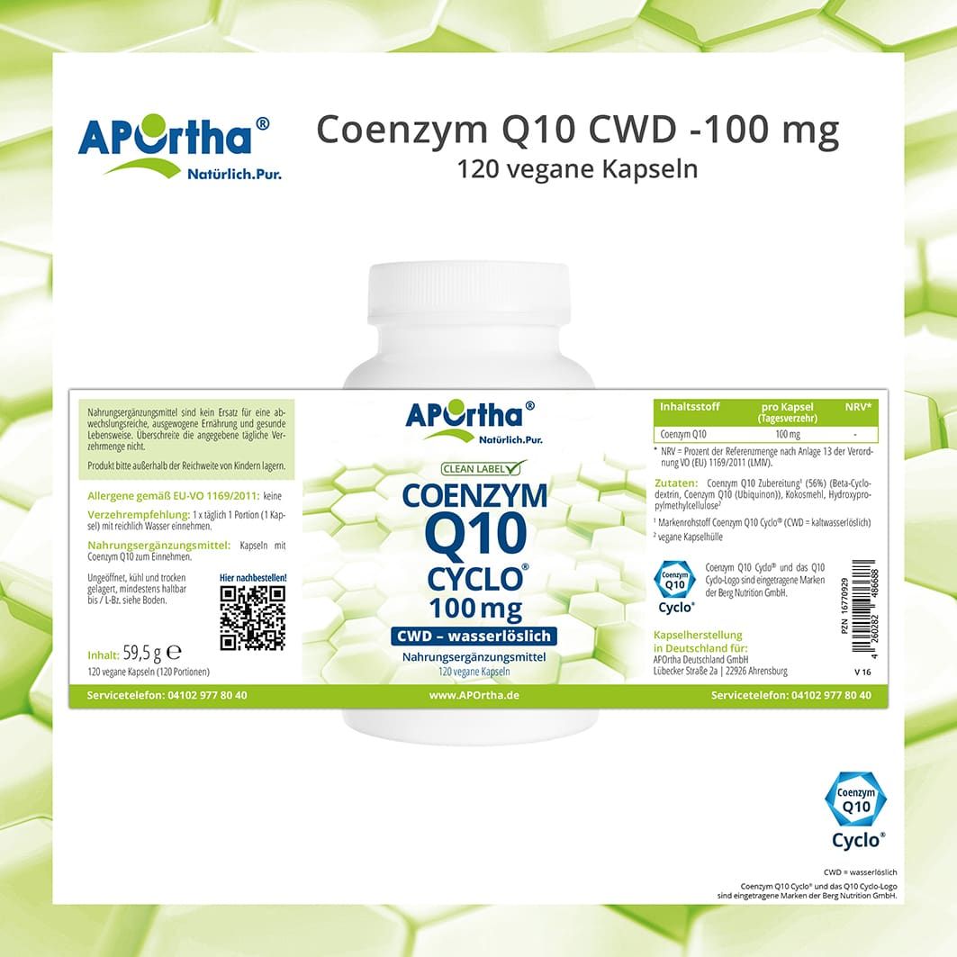 Weiße Flasche APOrtha® Coenzym Q10 Kapseln. Aufschrift: Coenzym Q10 Cyclo 100 mg. Enthält Informationen zu Inhaltsstoffen und Nährwerten. Mit Clean Label.