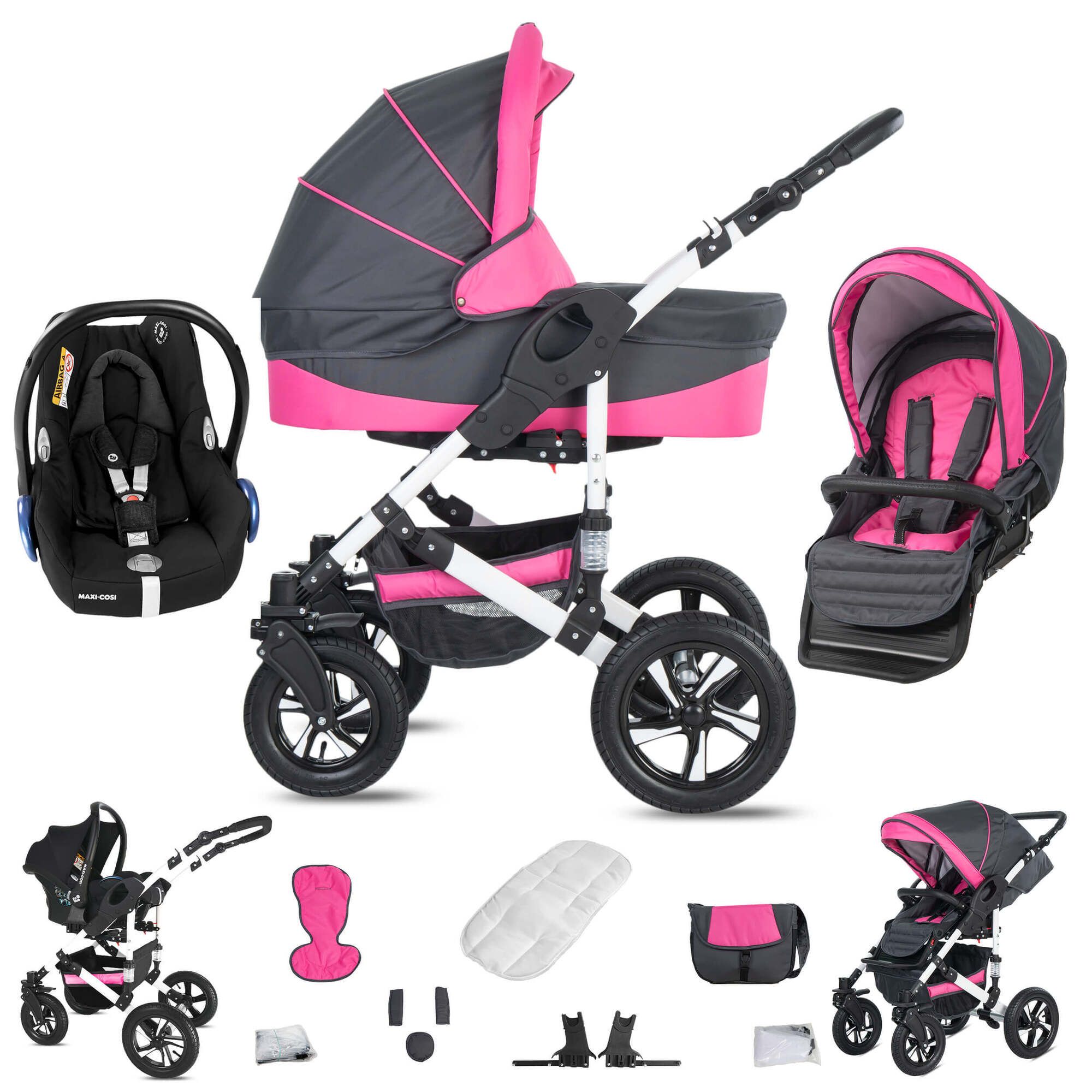 Friedrich Hugo Hamburg 3 in 1 Kinderwagen mit Original Maxi Cosi, Luft Grey & Pink