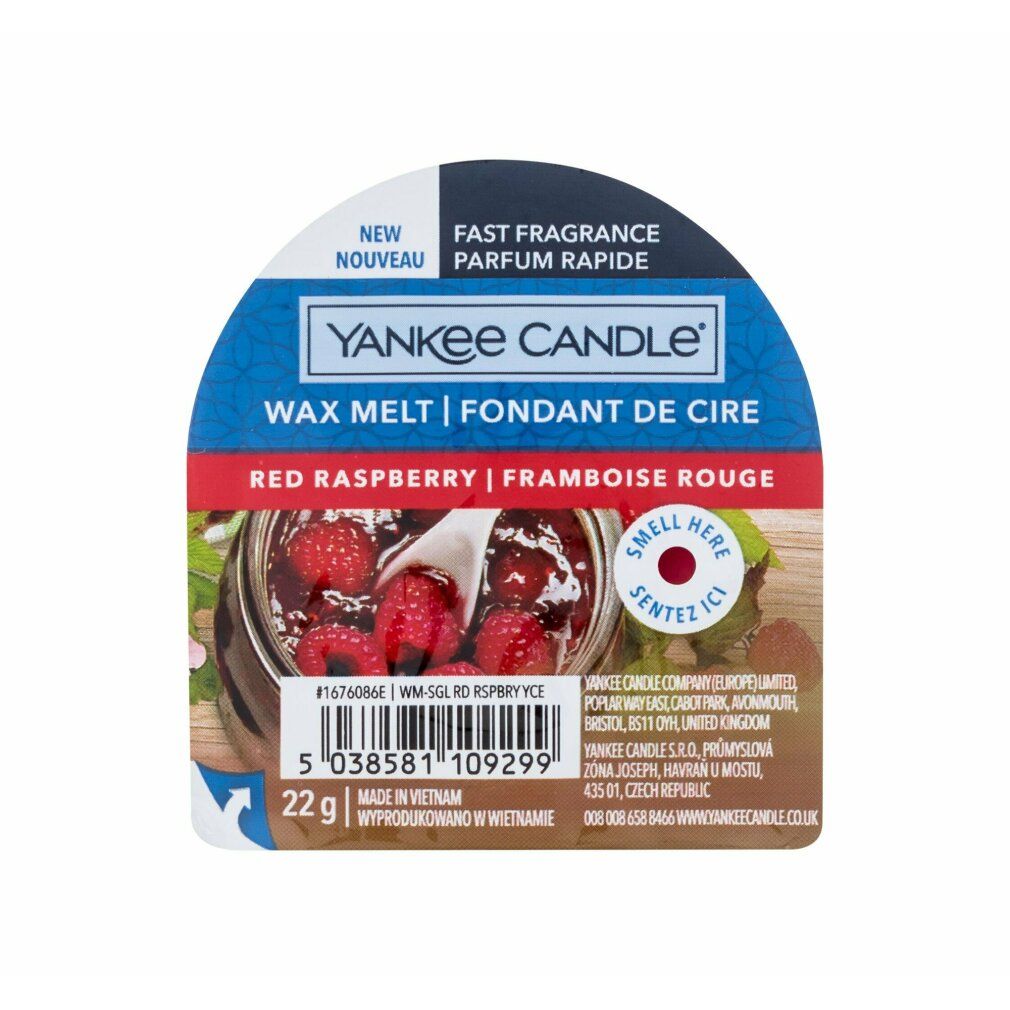 Verpackung mit Produktbild, Text: Red Raspberry, Yankee Candle, 22g. Barcode und weitere Informationen. Hintergrund weiß.