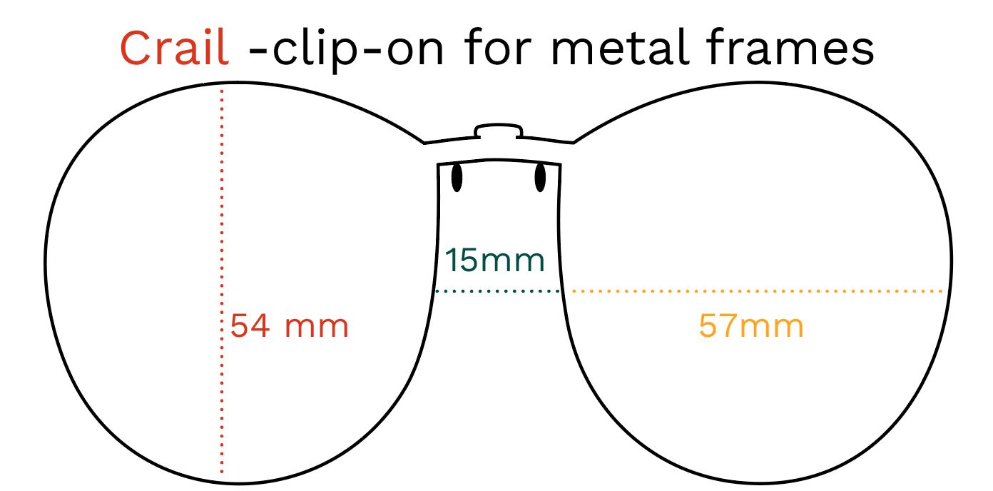 Skizze der Crail Clip-on für Metallfassungen. Abmessungen: 54mm, 57mm, 15mm. Produktname und -typ.