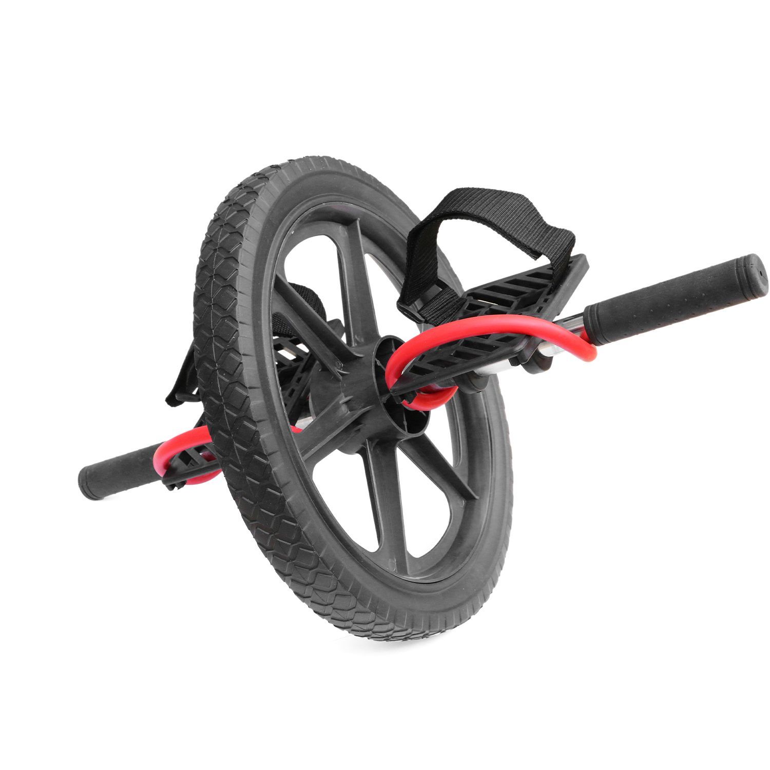Schwarzes Ab-Roller-Rad mit roten Schlaufen und schwarzen Griffen. Schwarze Fußschlaufen. Auf weißem Hintergrund.