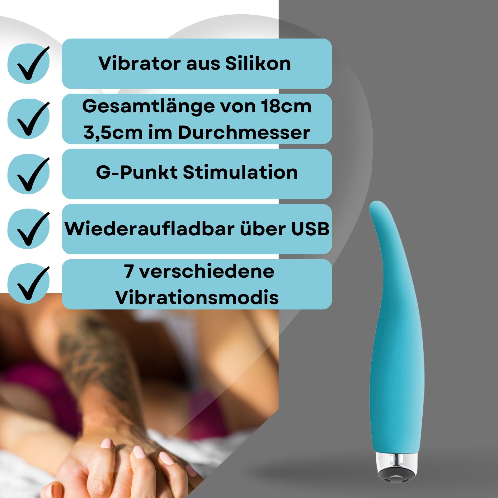 Vibrator, blau, Silikon. Text: Vibrator aus Silikon, 18cm lang, 3,5cm Durchmesser, G-Punkt Stimulation, USB-aufladbar, 7 Modi.