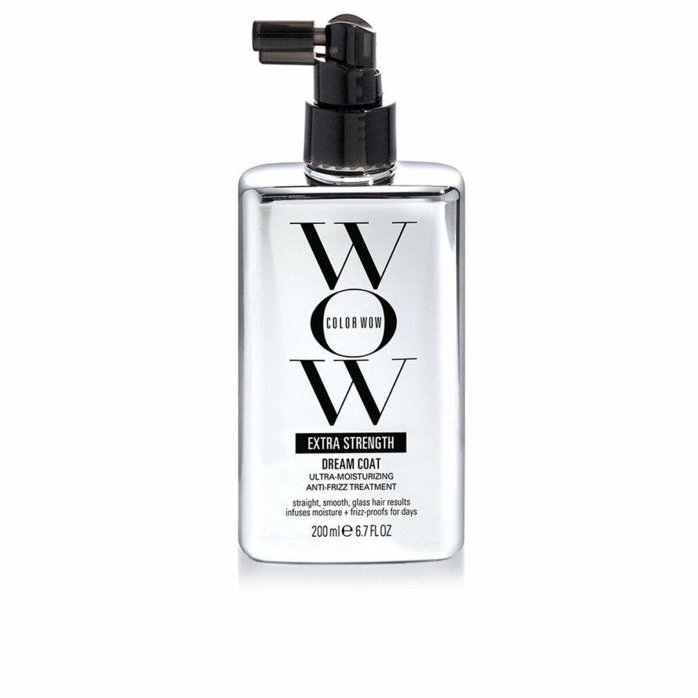 Transparente Flasche mit schwarzem Sprühkopf. Aufschrift: Color Wow, Dream Coat Extra Strength. 200ml.