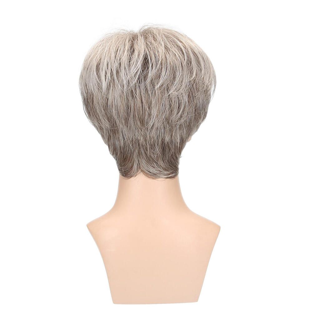 Perücke auf einem Schaufensterkopf. Kurzer, grauer Haarschnitt. Rückansicht.