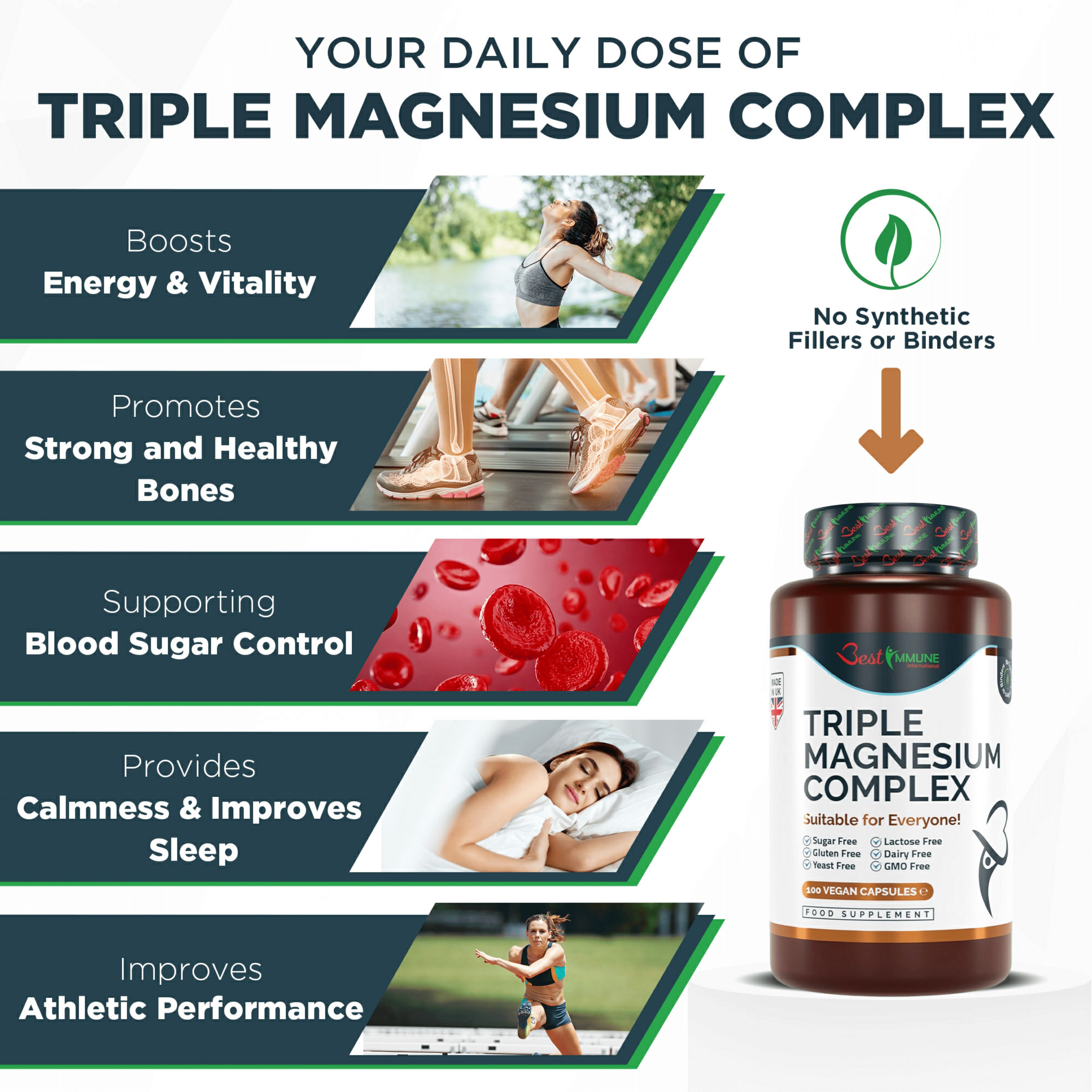 Text: Your Daily Dose of Triple Magnesium Complex. Vorteile: Energie & Vitalität, Knochen, Blutzuckerkontrolle, Schlaf, Leistung.