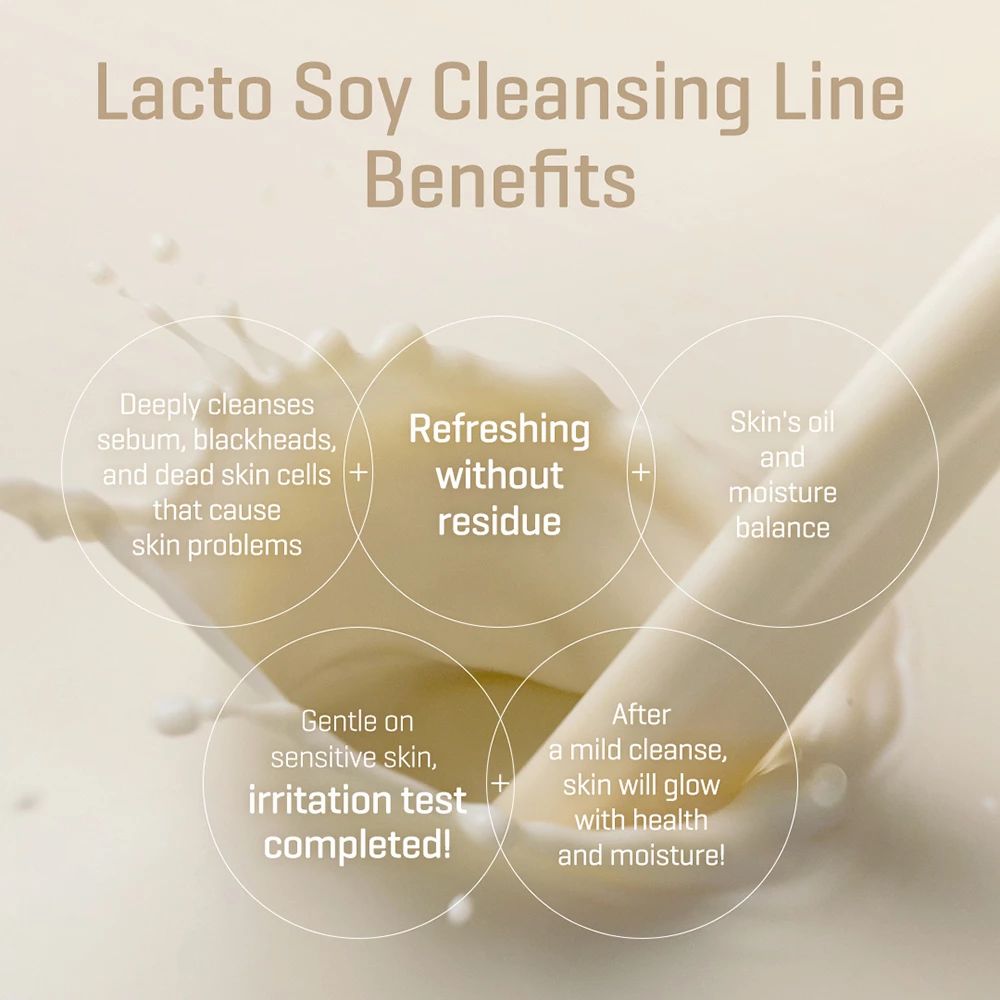 Infografik mit Text über die Vorteile der Lacto Soy Cleansing Line. Milch spritzt.