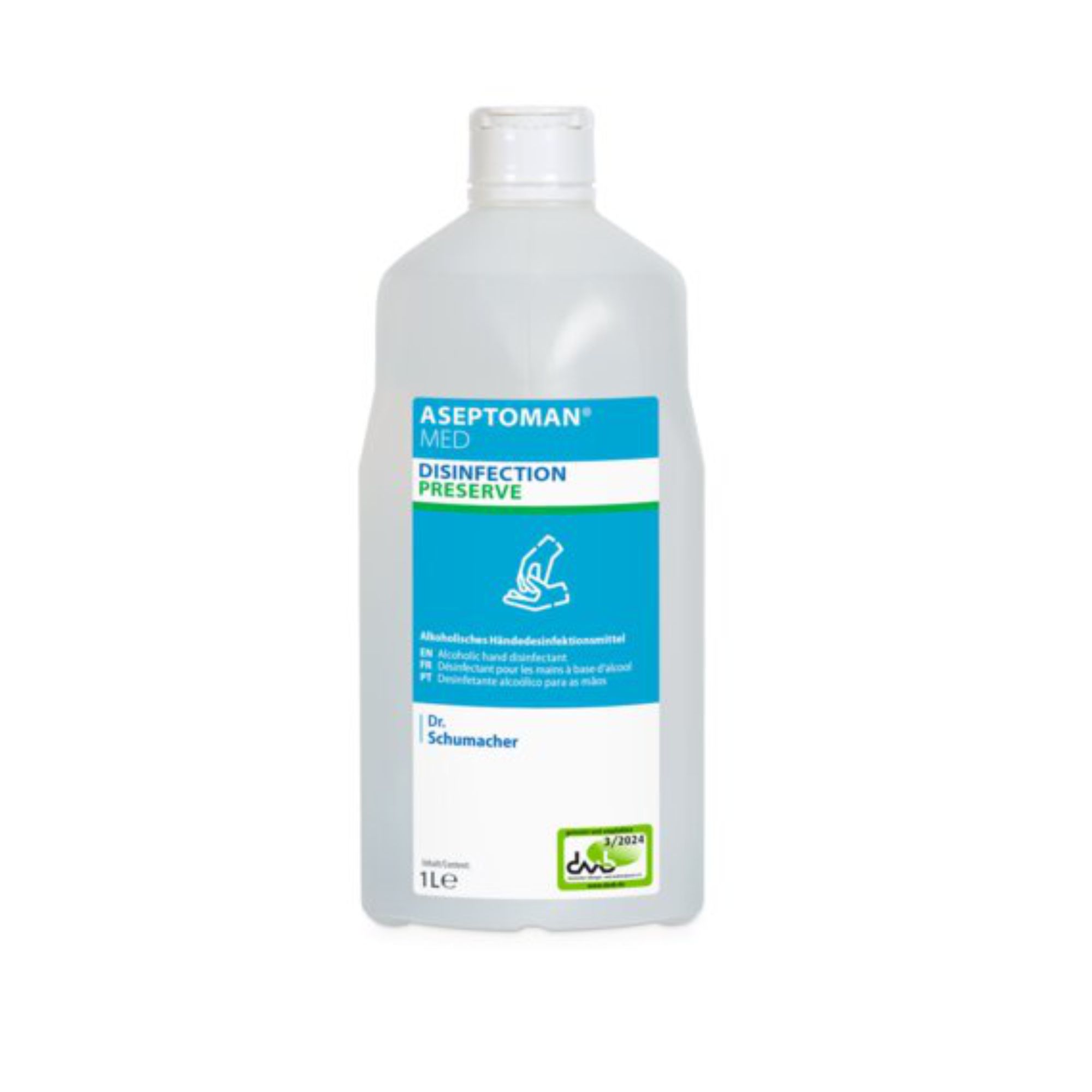 Flasche Dr. Schumacher Aseptoman® med Händedesinfektion. Weißer Deckel, blau-weißes Etikett mit Produktinformationen und Logo.