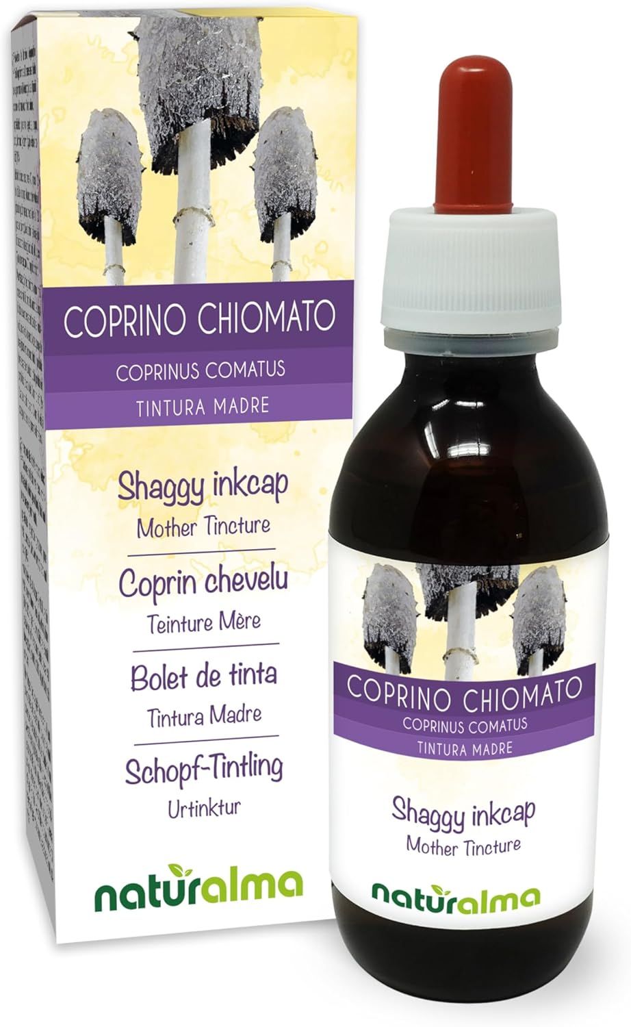 Produkt von Naturalma. Flasche mit Tropfer und Verpackung. Produktname: Coprino Chiomato. Text: Shaggy inkcap, Mother Tincture.