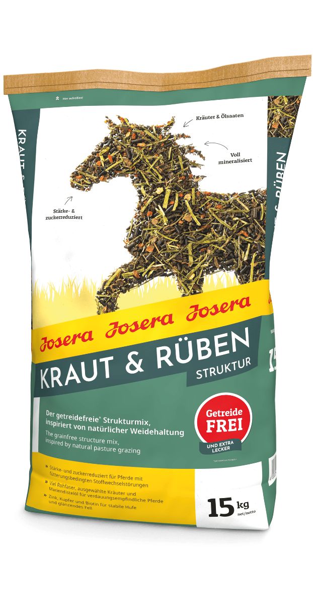 Beutel JOSERA Kraut & Rüben Struktur. Abbildung eines Pferdekopfes aus Kräutern. Getreidefrei. 15 kg.