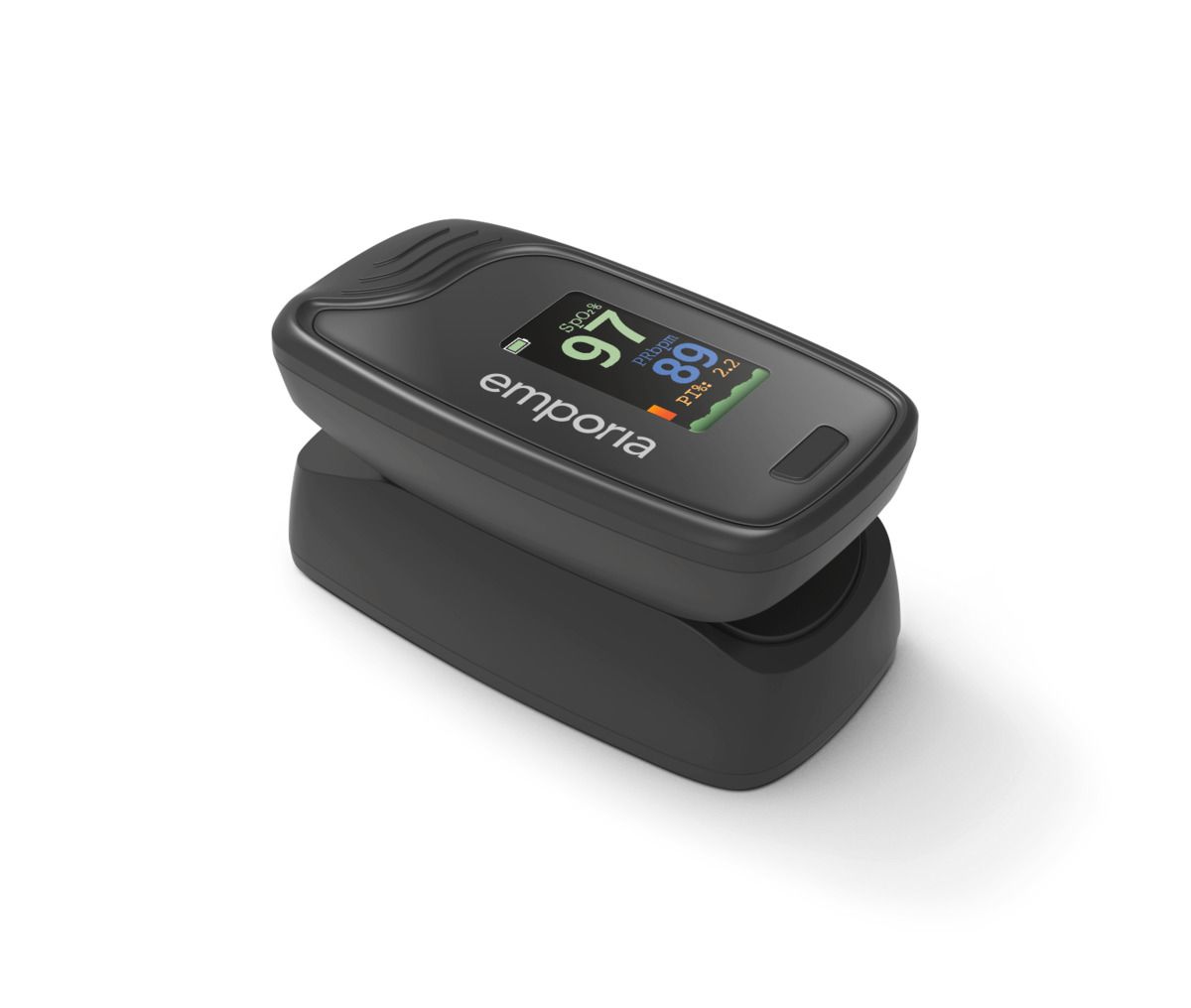 Schwarzes Fingermessgerät mit OLED-Display. Anzeige von Sauerstoffsättigung und Puls. Marke: emporia.