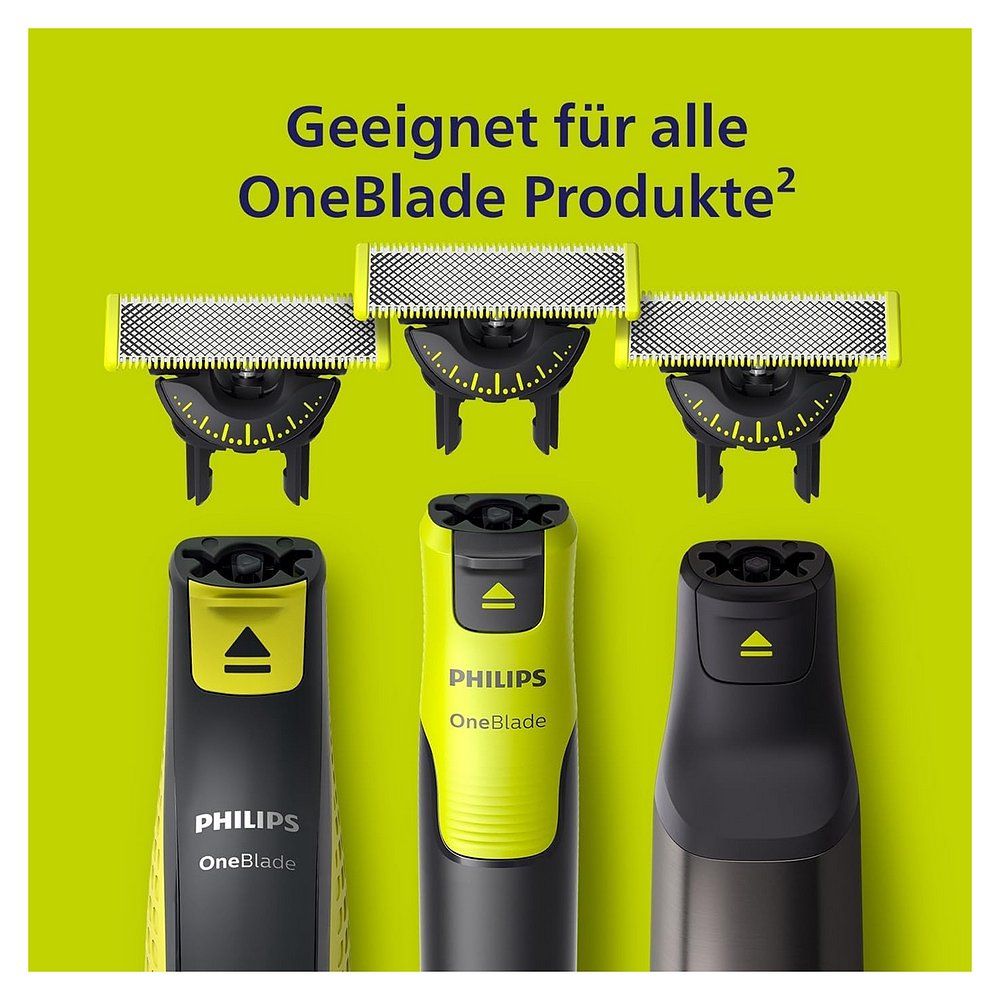 Drei Philips OneBlade Klingenaufsätze über drei Philips OneBlade Geräten in Schwarz und Gelb.