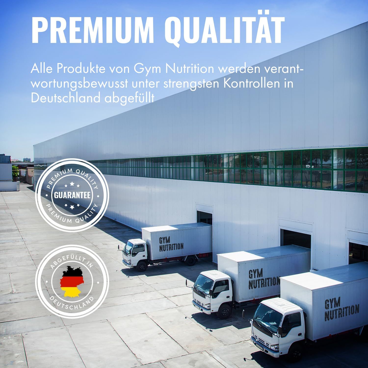 LKW mit GYM-NUTRITION-Logo vor einem Gebäude. Text: PREMIUM QUALITÄT. Abgefüllt in Deutschland.