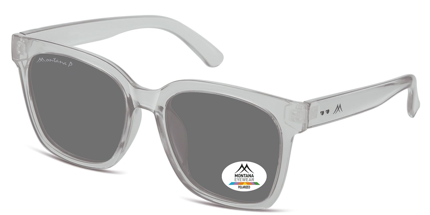 Sonnenbrille mit grau getönten Gläsern und transparentem Rahmen. Montana Eyewear Logo auf dem Glas und Bügel. Polarisiert.