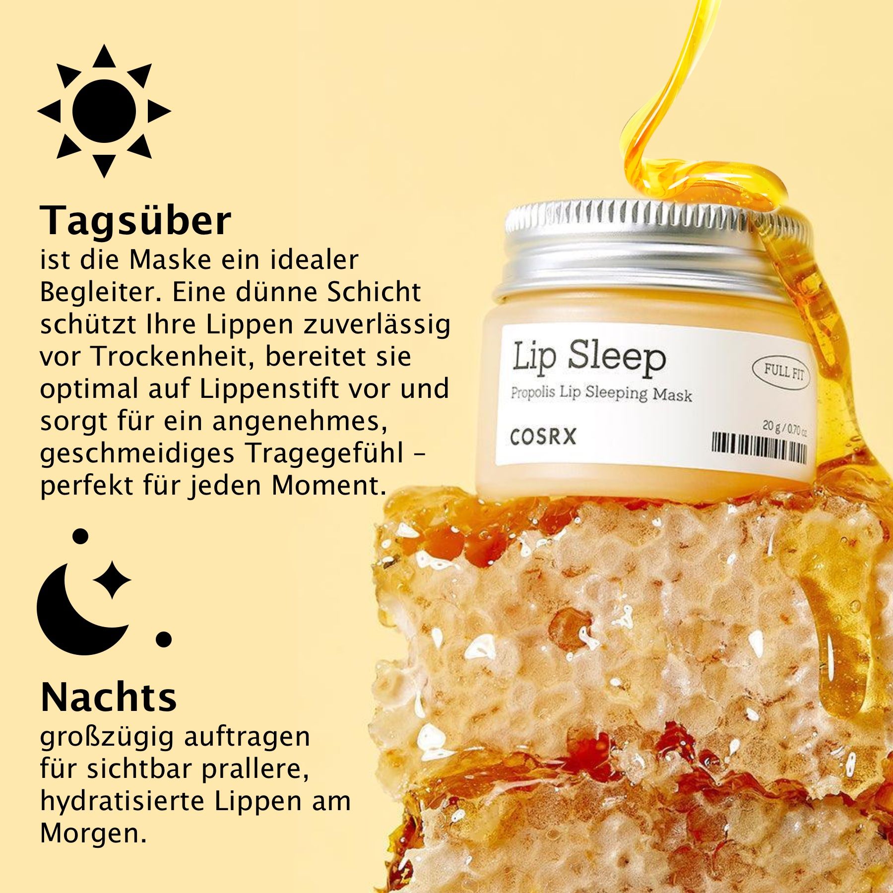 Glas COSRX Lip Sleep Propolis Sleeping Mask. Gelbe Creme. Honigwabe und Honig. Text mit Produktnamen und Marke.