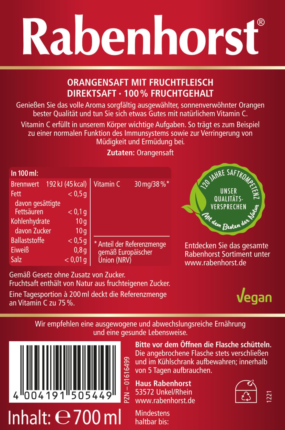 Rabenhorst Orangensaft 6x700 ml Saft